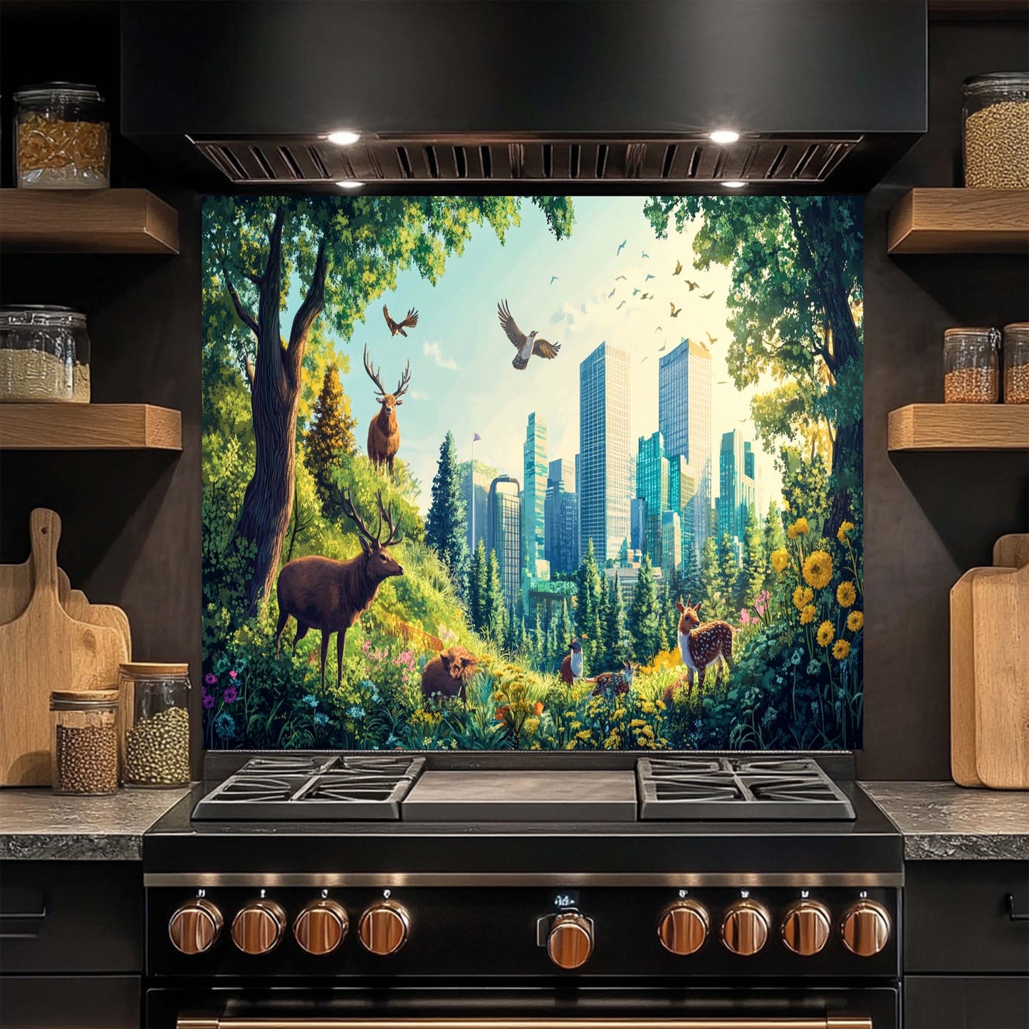 Emerald Haven – Tempered Glass Backsplash for Kitchen | Vibrant Forest City Backsplash