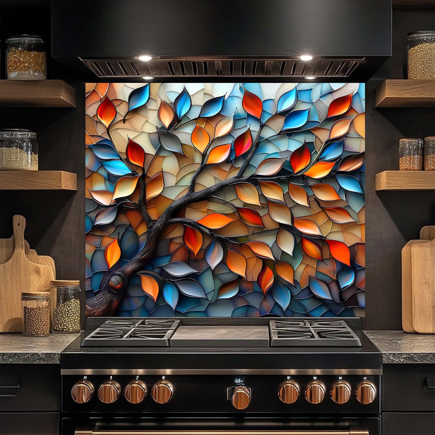 Glassleaf Harmony – Tempered Glass Backsplash for Kitchen Stove | Colorful Branch Backsplash