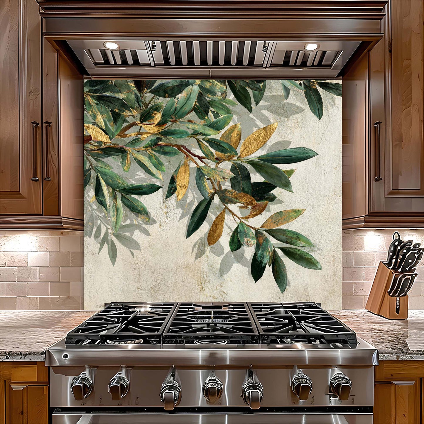 Golden Olive – Tempered Glass Backsplash for Kitchen – Botanical Kitchen Splashback