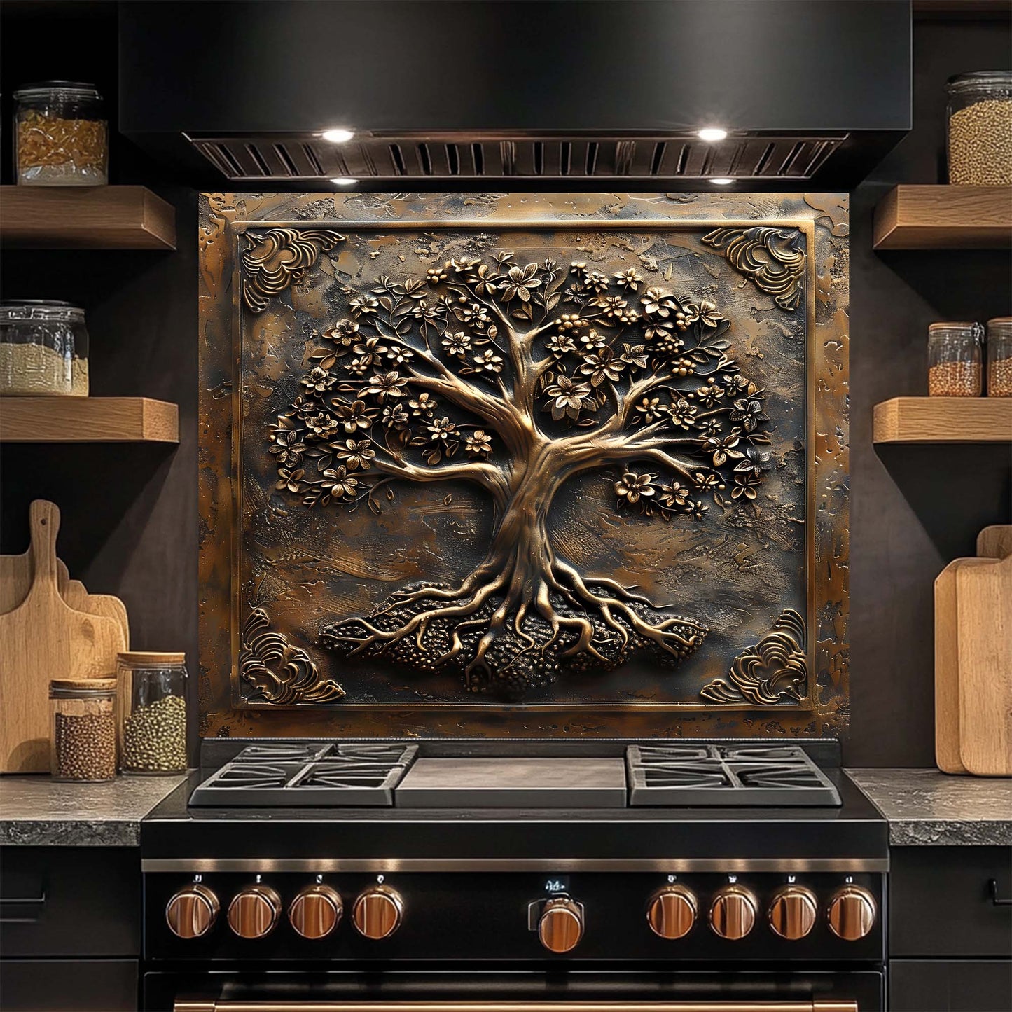 Floral Roots – Tempered Glass Backsplash for Kitchen Stove | Copper Look Tree of Life Backsplash