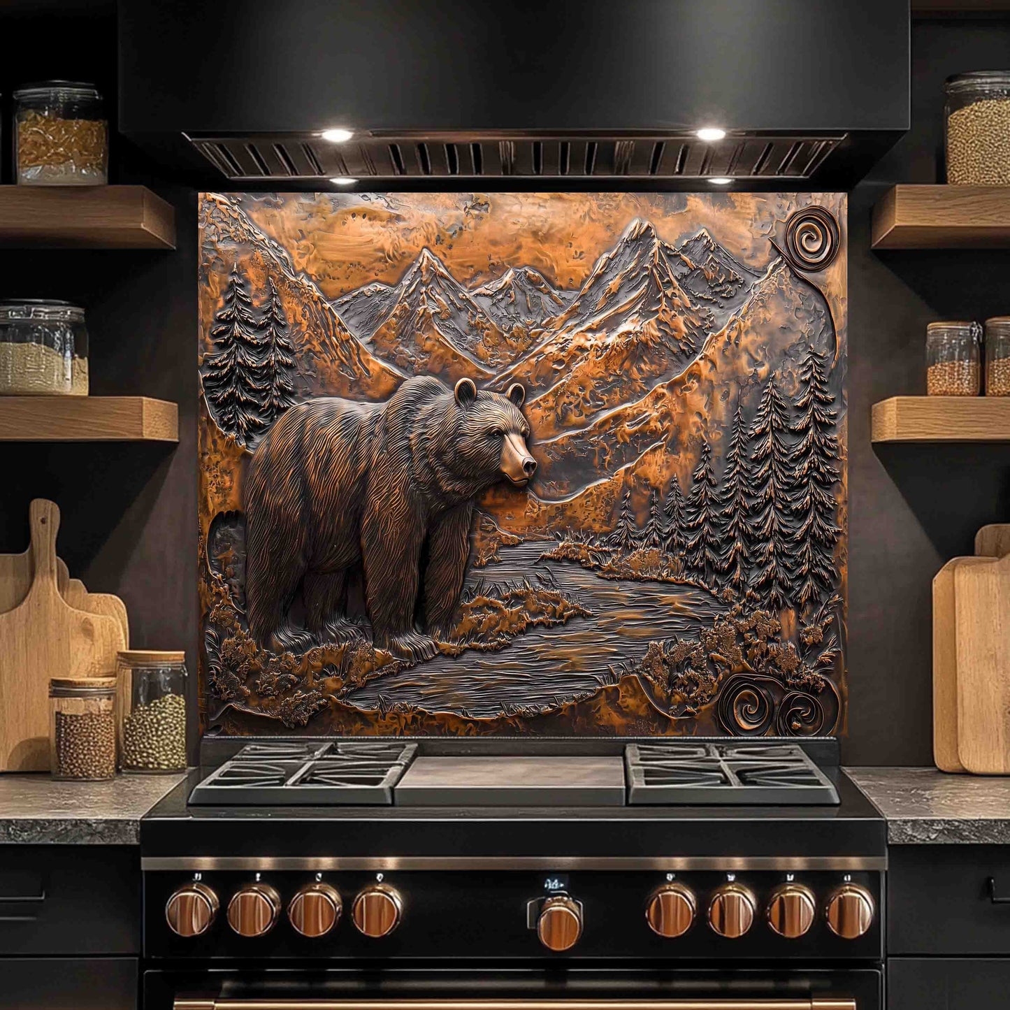 Rustic Style Tempered Glass Backsplash – Bear and Mountain River Kitchen Panel