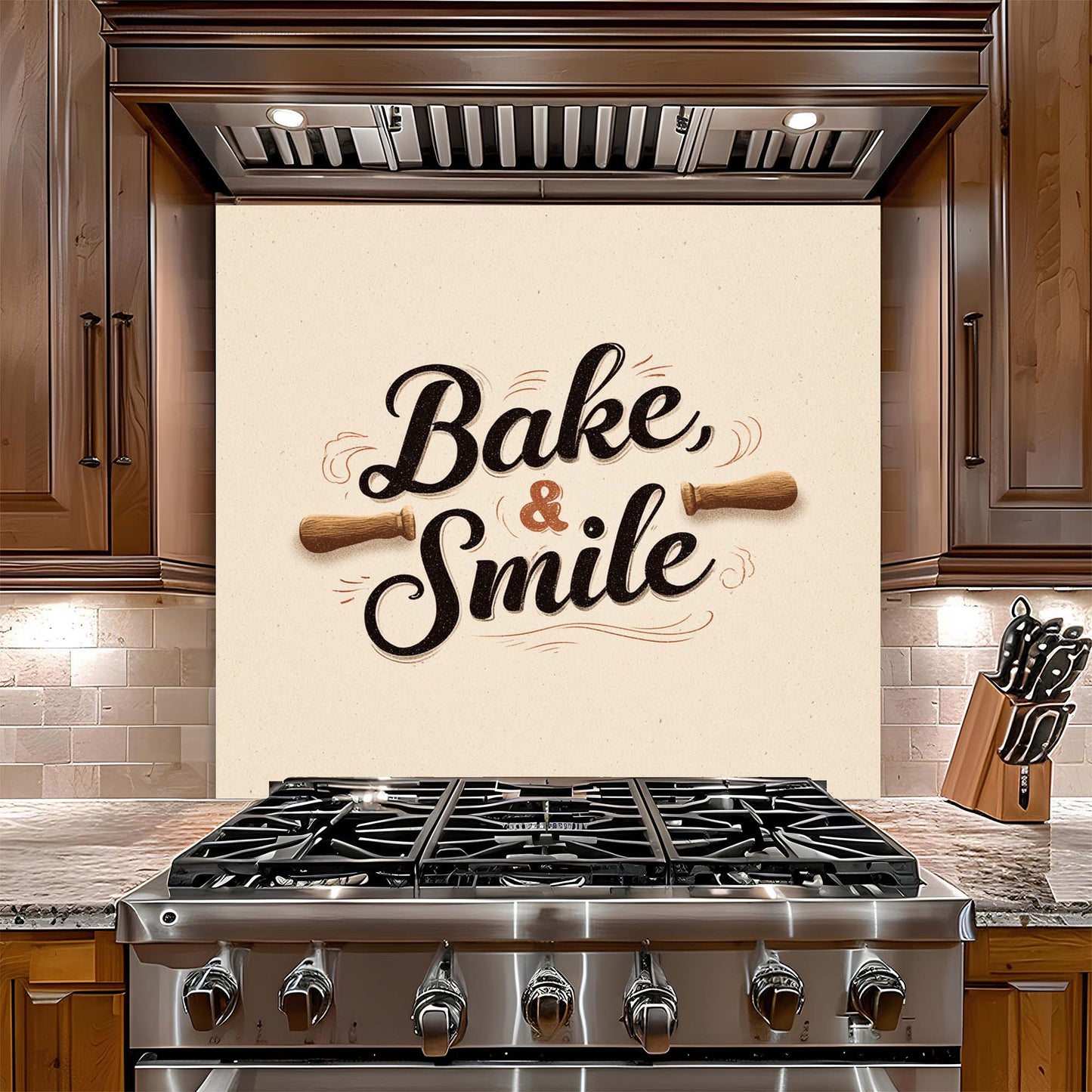 Bake & Smile – Tempered Glass Backsplash for Kitchen – Rustic Bakery Quote Splashback
