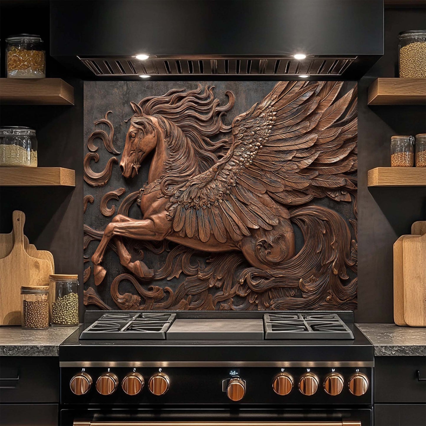 Copper Pegasus – Tempered Glass Backsplash for Kitchen Stove | Winged Horse Backsplash