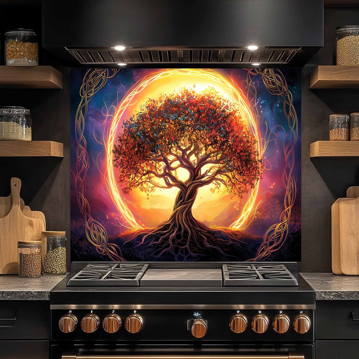 Custom Kitchen Backsplash – Eternal Roots Tempered Glass Stove Backsplash