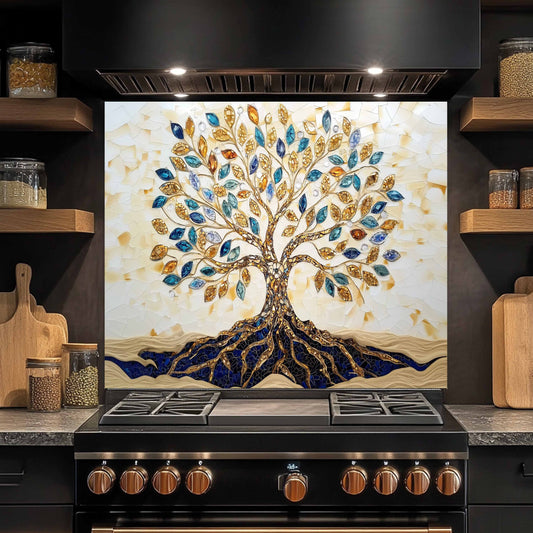 Custom Kitchen Backsplash – Golden Roots Tempered Glass Stove Backsplash