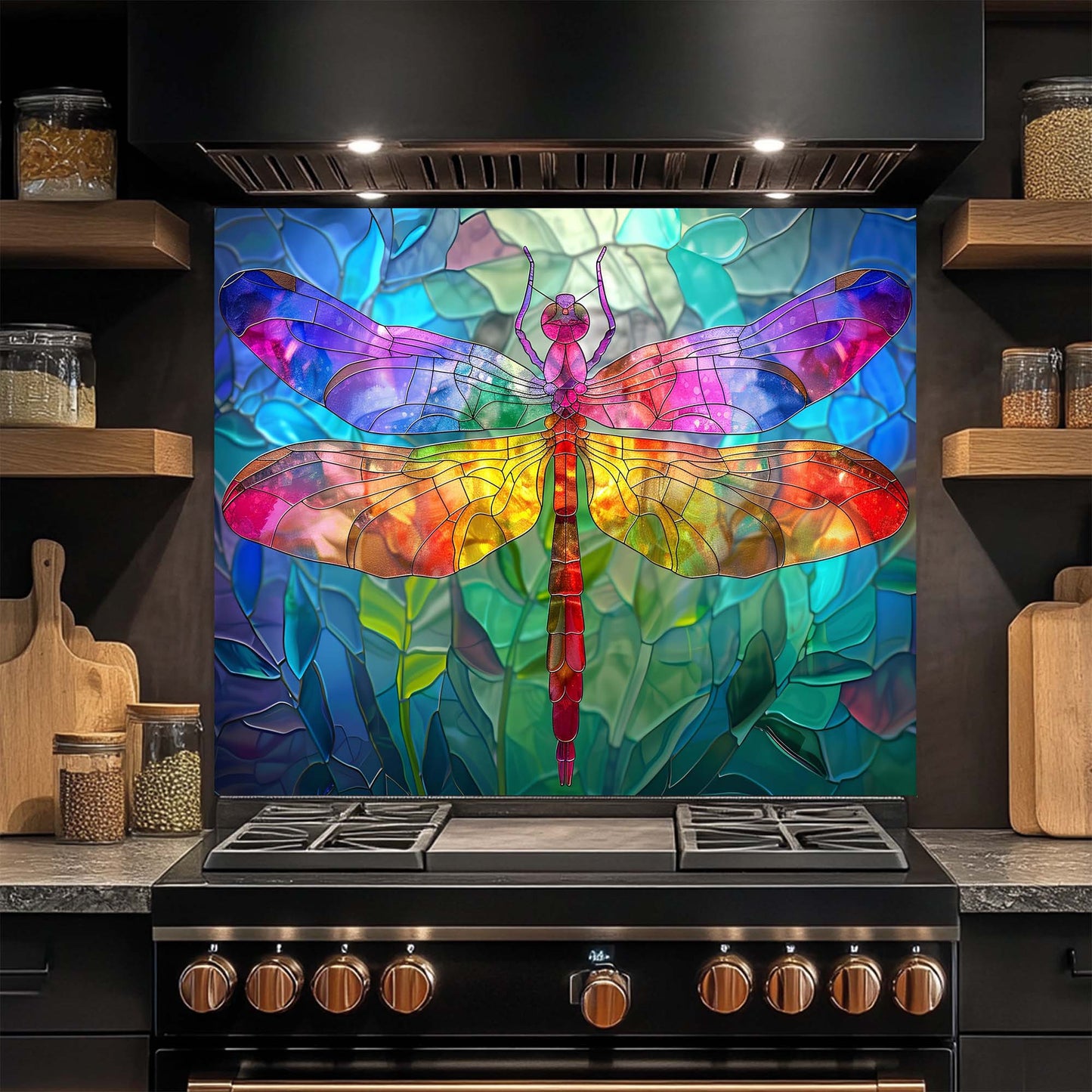 Rainbow Dragonfly – Tempered Glass Backsplash for Kitchen – Stained Glass Look Splashback