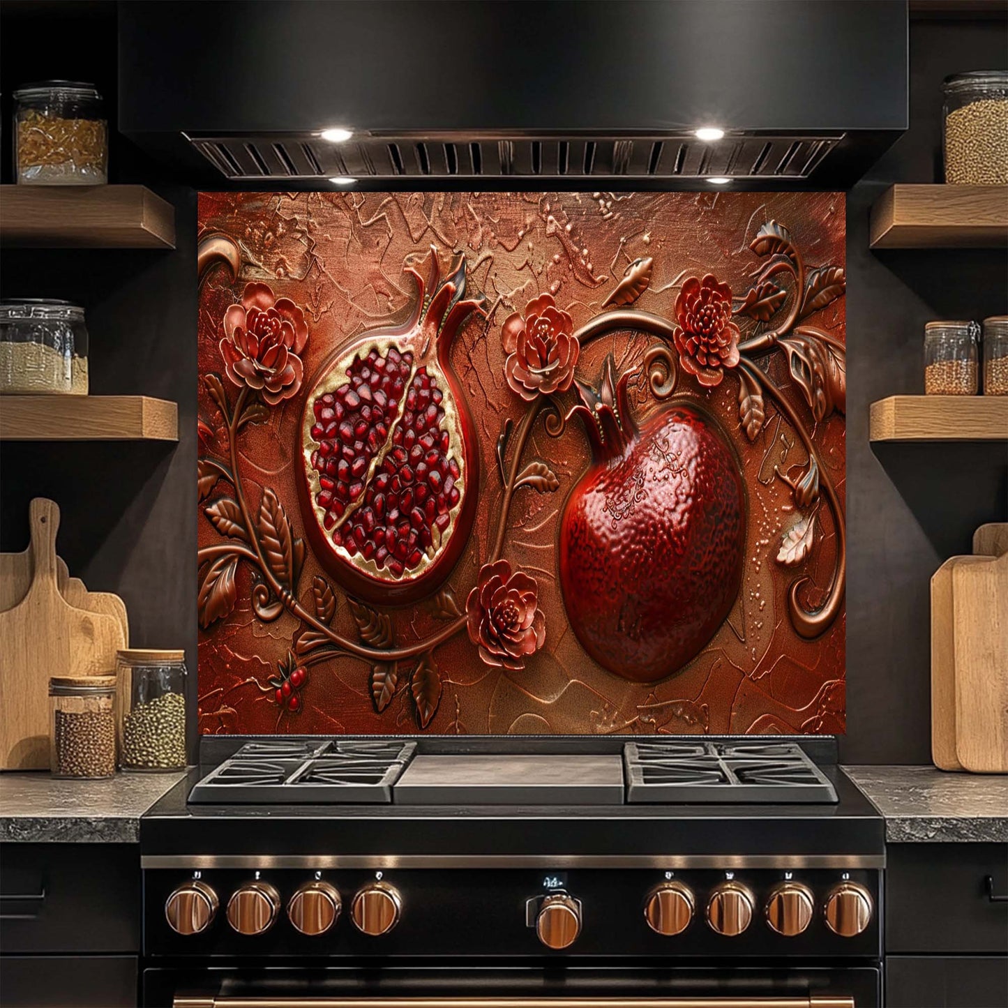 Crimson Bloom – Tempered Glass Backsplash | Rich Red Pomegranate Kitchen Backsplash