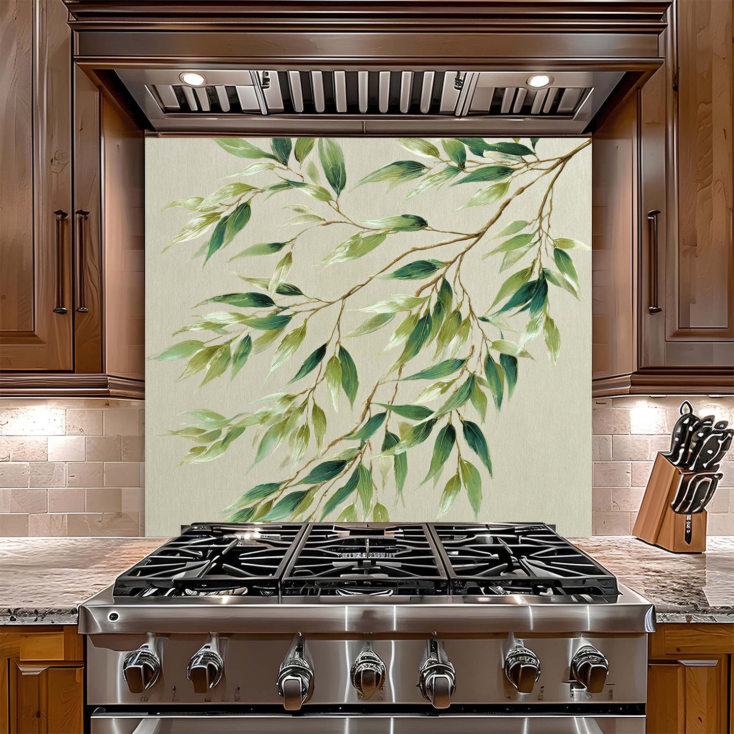 Olive Whisper – Tempered Glass Backsplash for Kitchen – Green Botanical Splashback