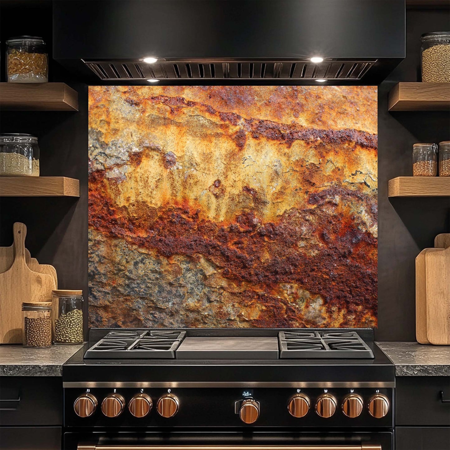 Rust Flow – Tempered Glass Backsplash | Industrial Abstract Copper Look Kitchen Backsplash