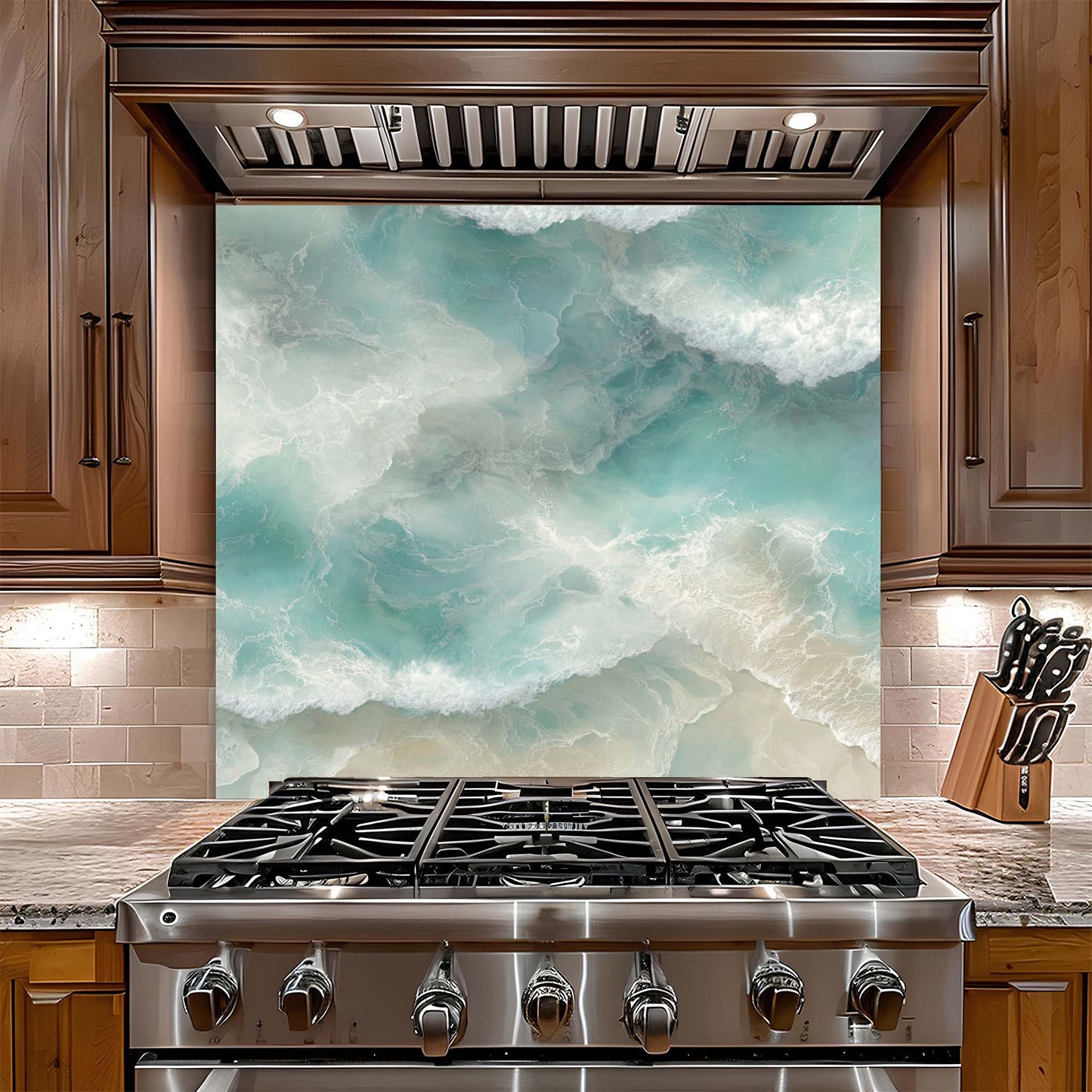 Coastal Tide – Tempered Glass Backsplash for Kitchen | Aerial Ocean Wave Backsplash