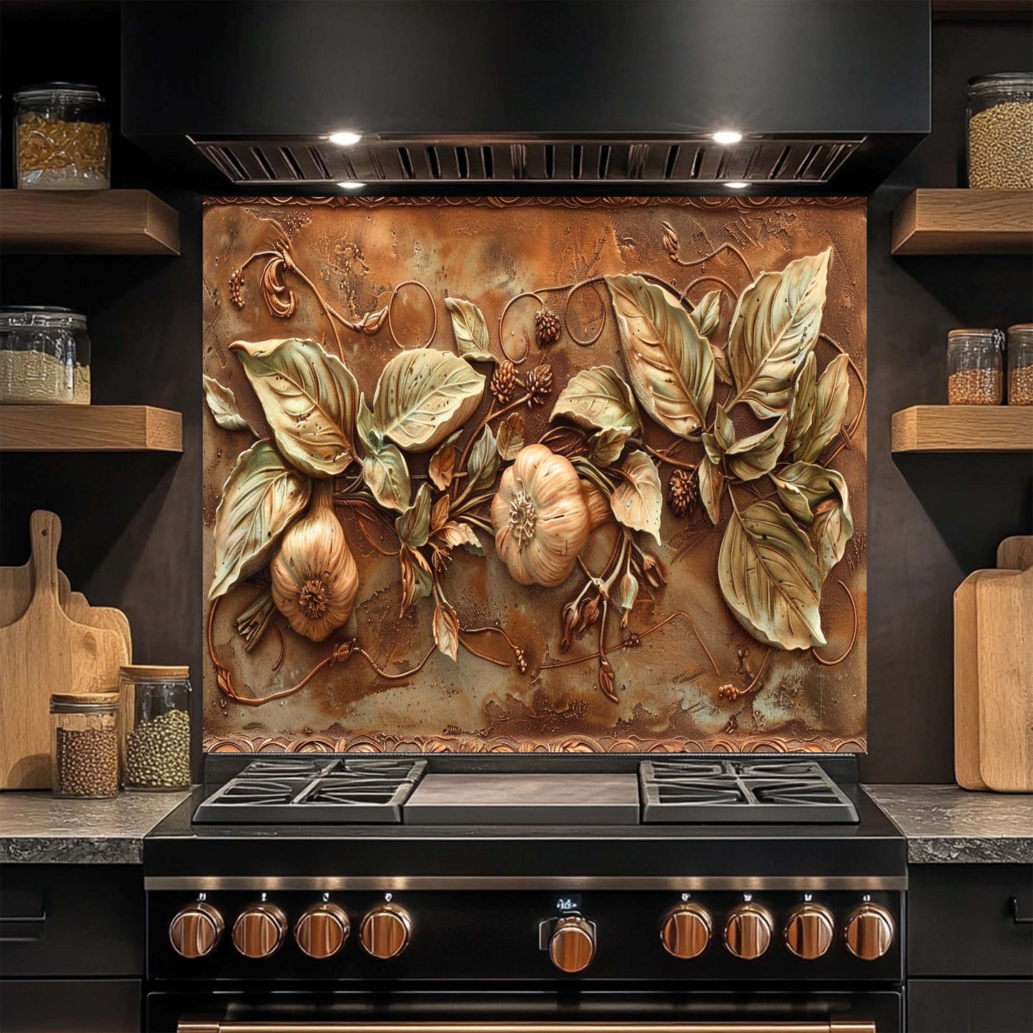 Golden Harvest Relief Tempered Glass Backsplash for Kitchen | Tuscan Garlic Backsplash