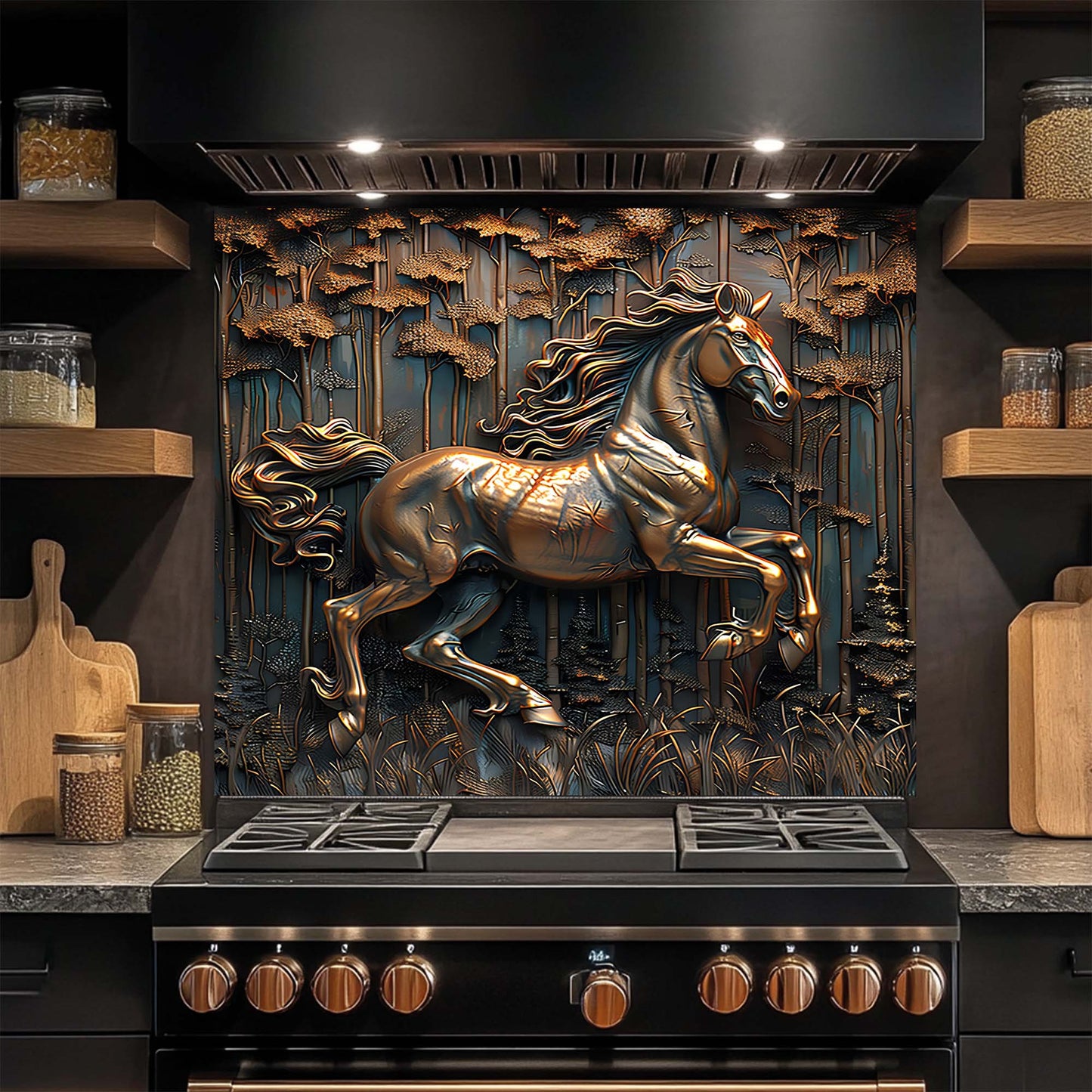 Wild Gallop – Tempered Glass Backsplash for Kitchen Stove | Copper Look Horse Backsplash