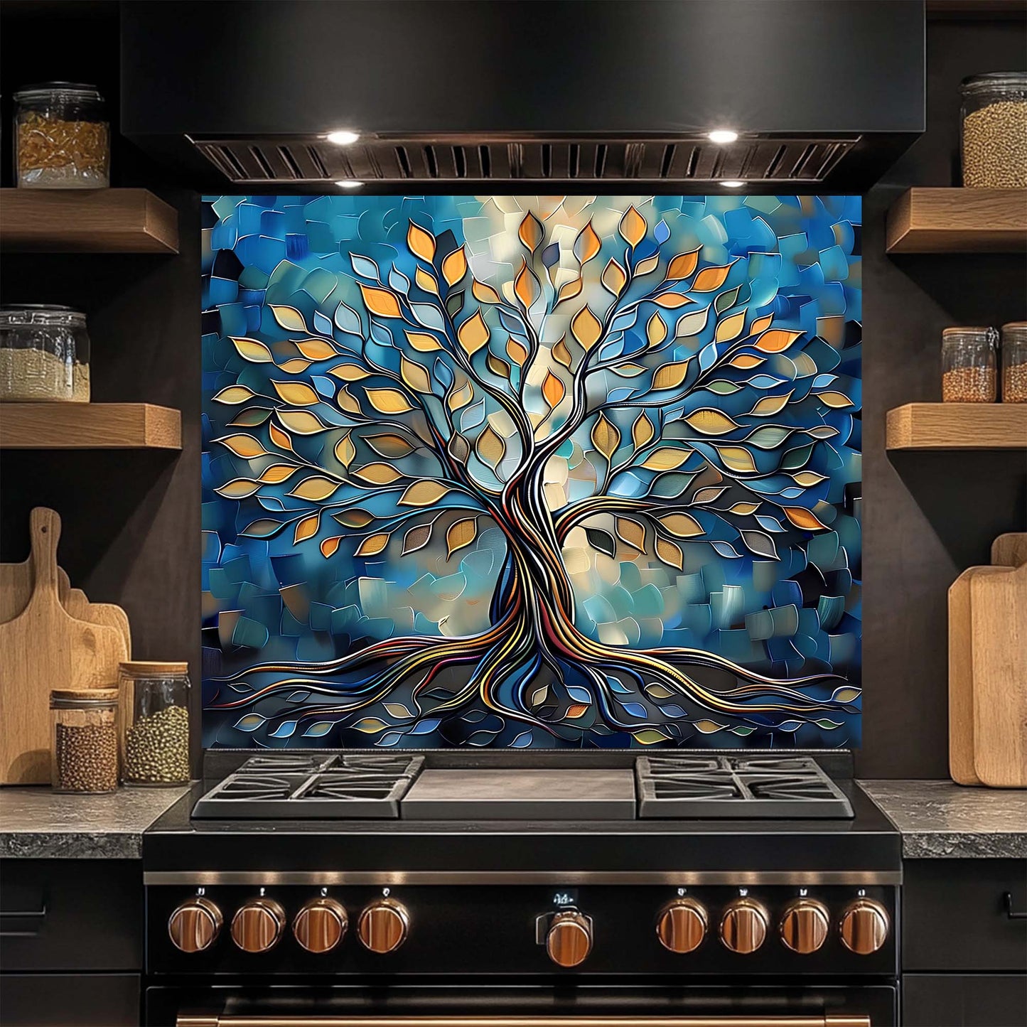 Electric Root – Tempered Glass Backsplash for Stove | Abstract Tree of Life Backsplash