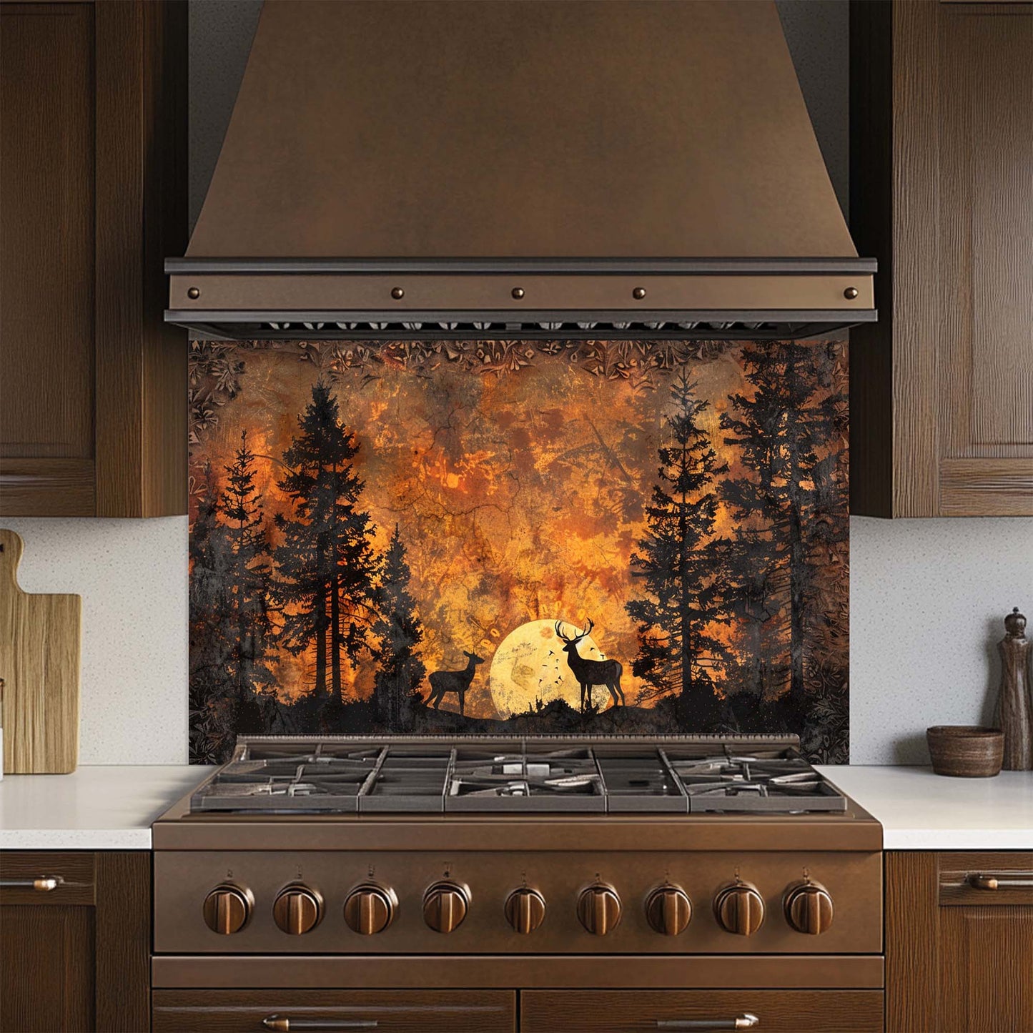 Forest Ember – Tempered Glass Backsplash for Kitchen | Deer & Pine Tree Silhouette Backsplash
