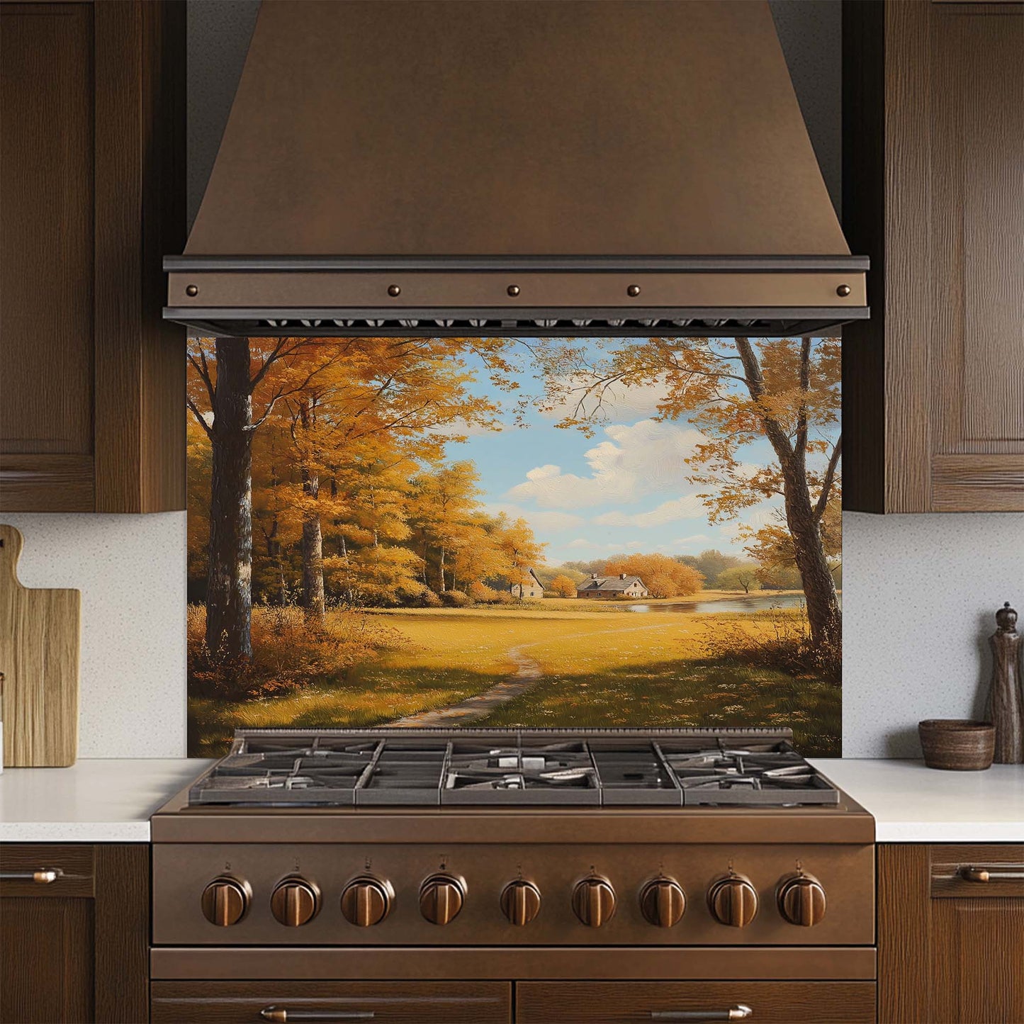 Amber Haven – Tempered Glass Backsplash for Kitchen | Autumn Cottage Landscape Backsplash