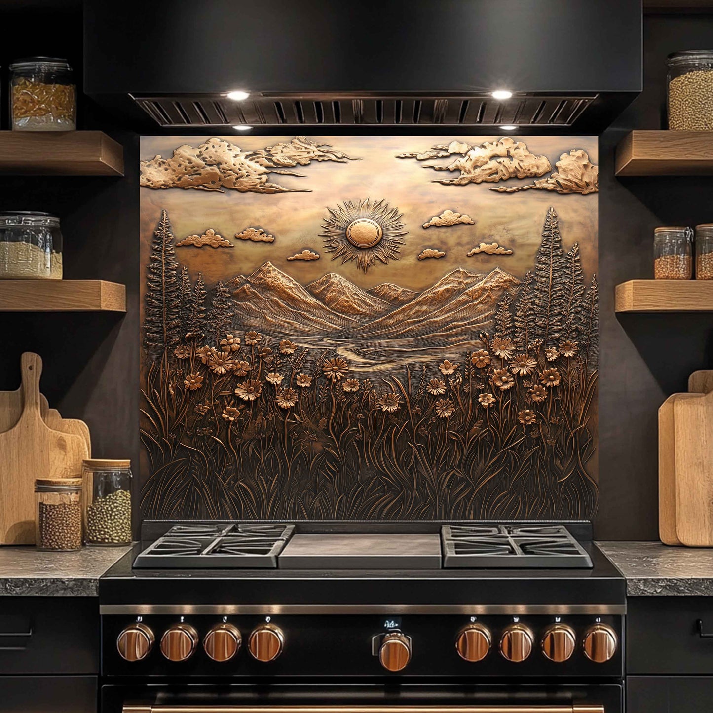 Sunlit Meadow Tempered Glass Backsplash – Floral Mountain Kitchen Backsplash Panel