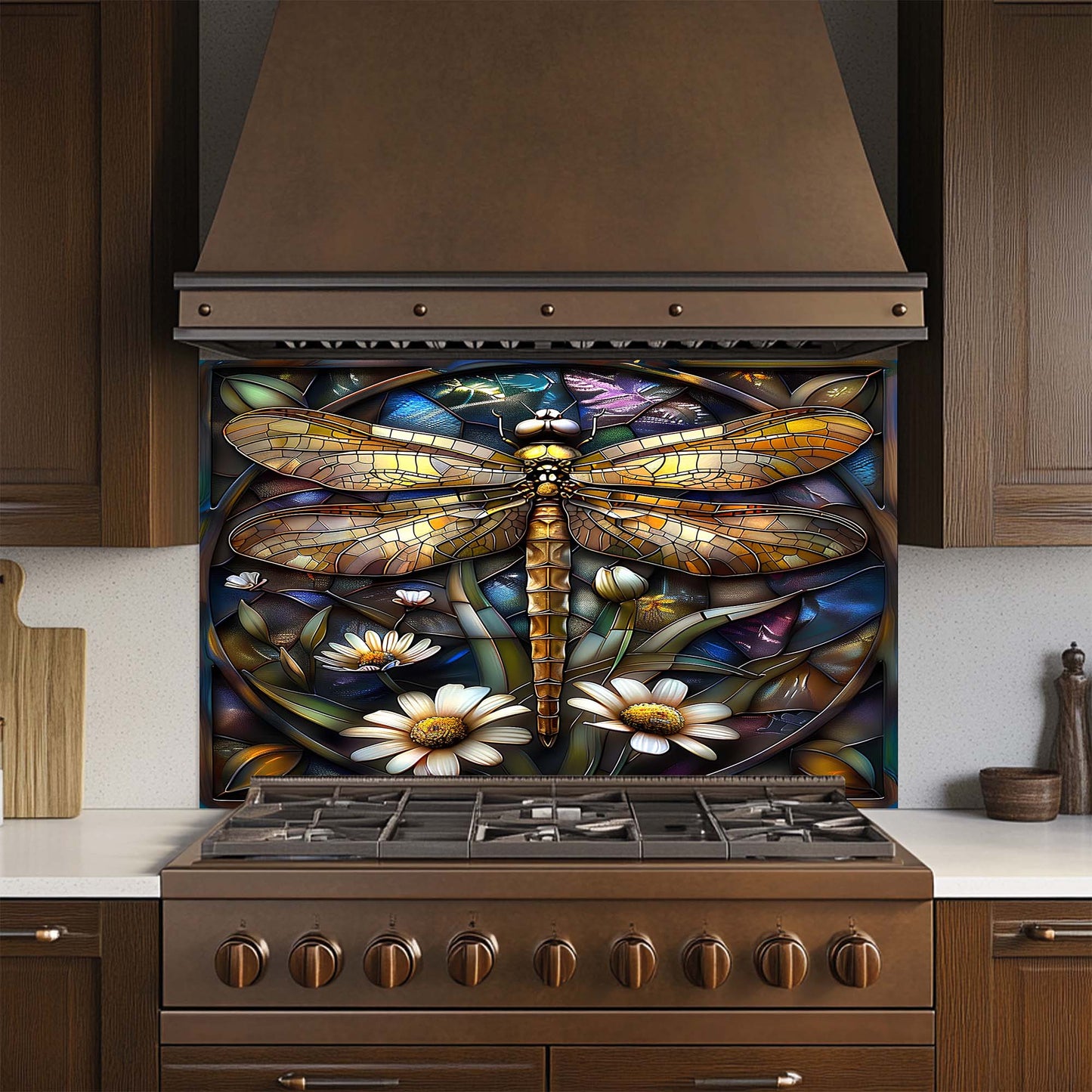 Golden Flight – Tempered Glass Backsplash for Kitchen Stove | Dragonfly Backsplash