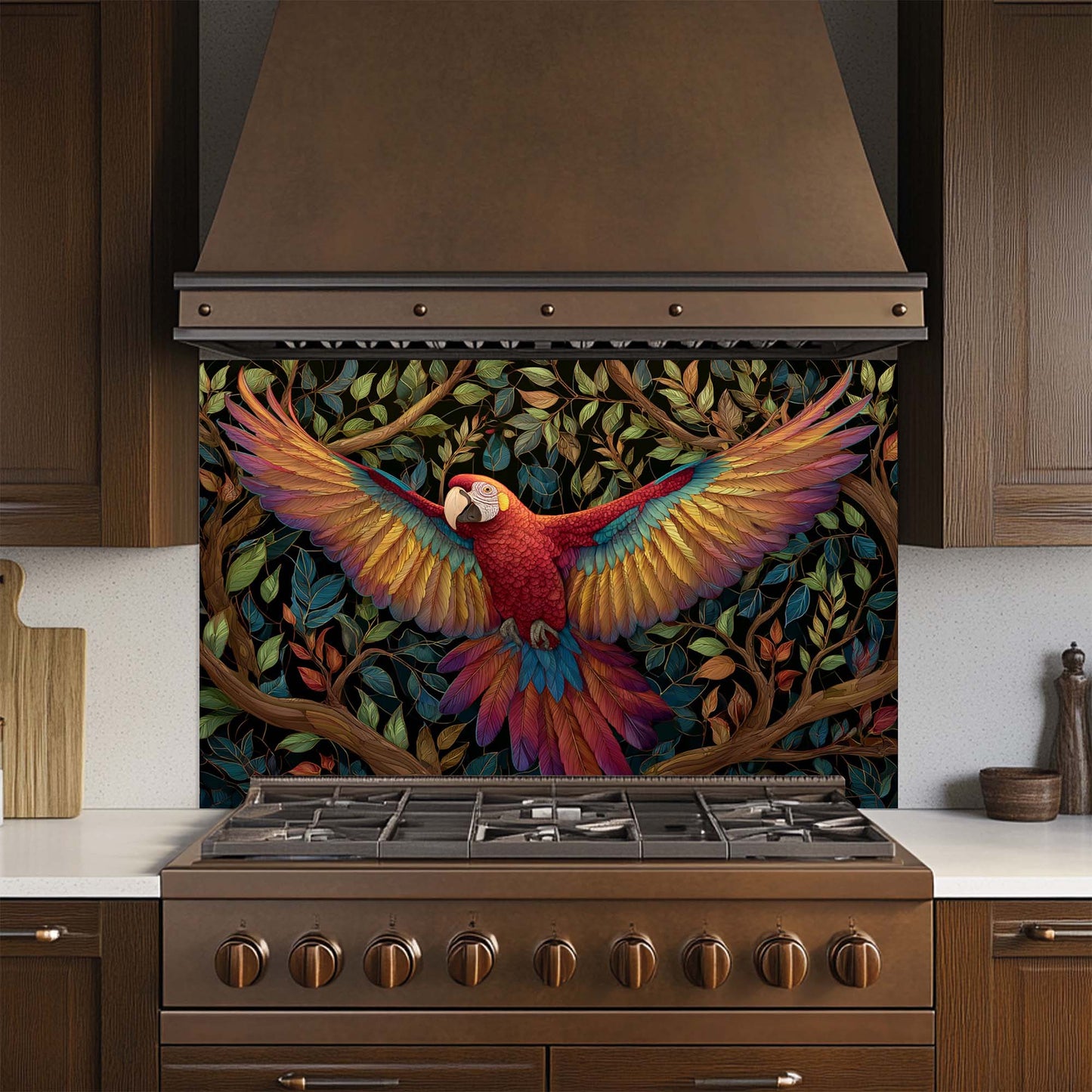 Crimson Wings – Tempered Glass Backsplash for Kitchen Stove | Parrot Jungle Backsplash