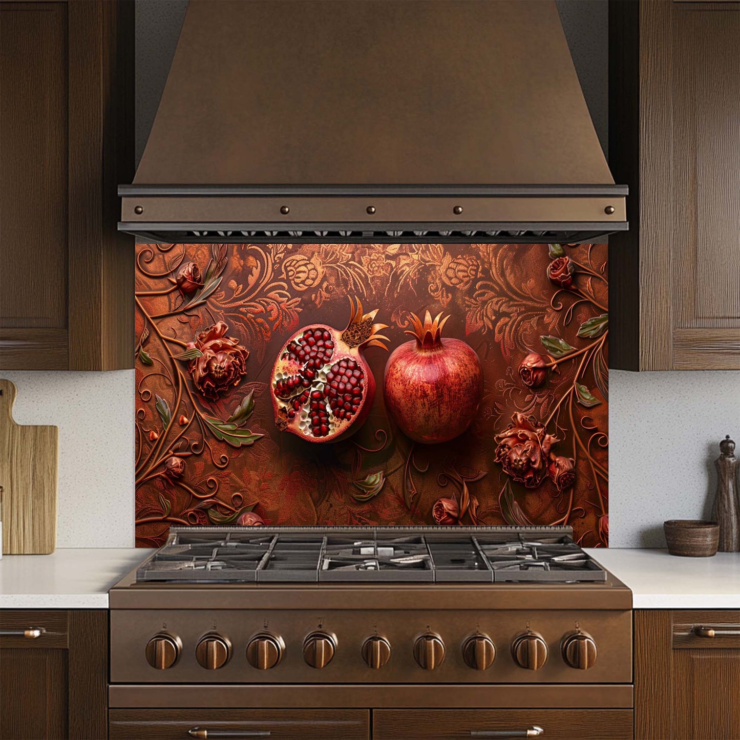 Pomegranate Bloom – Tempered Glass Backsplash | Red Fruit & Floral Kitchen Backsplash