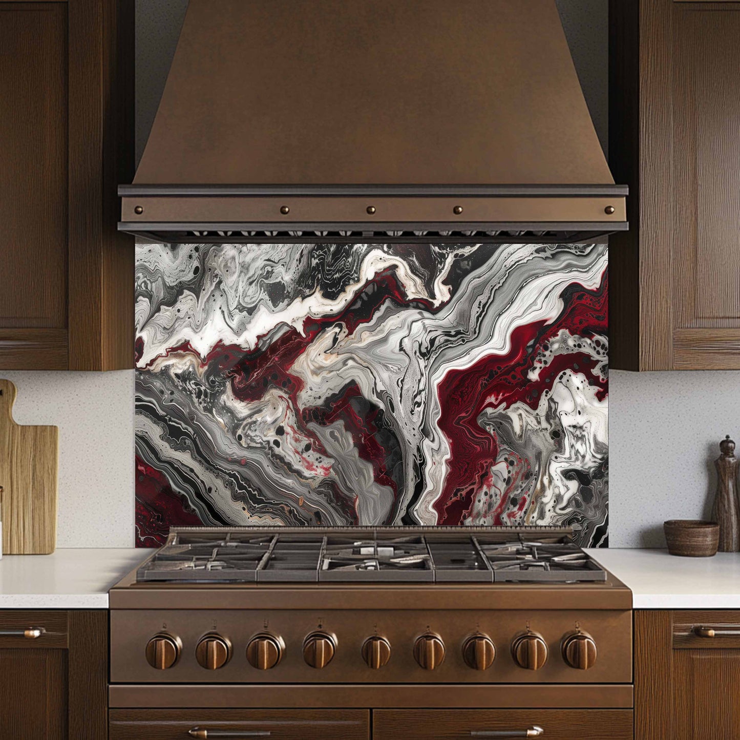 Glass Kitchen Backsplash – Red Black Marble Abstract Splashback for Stove