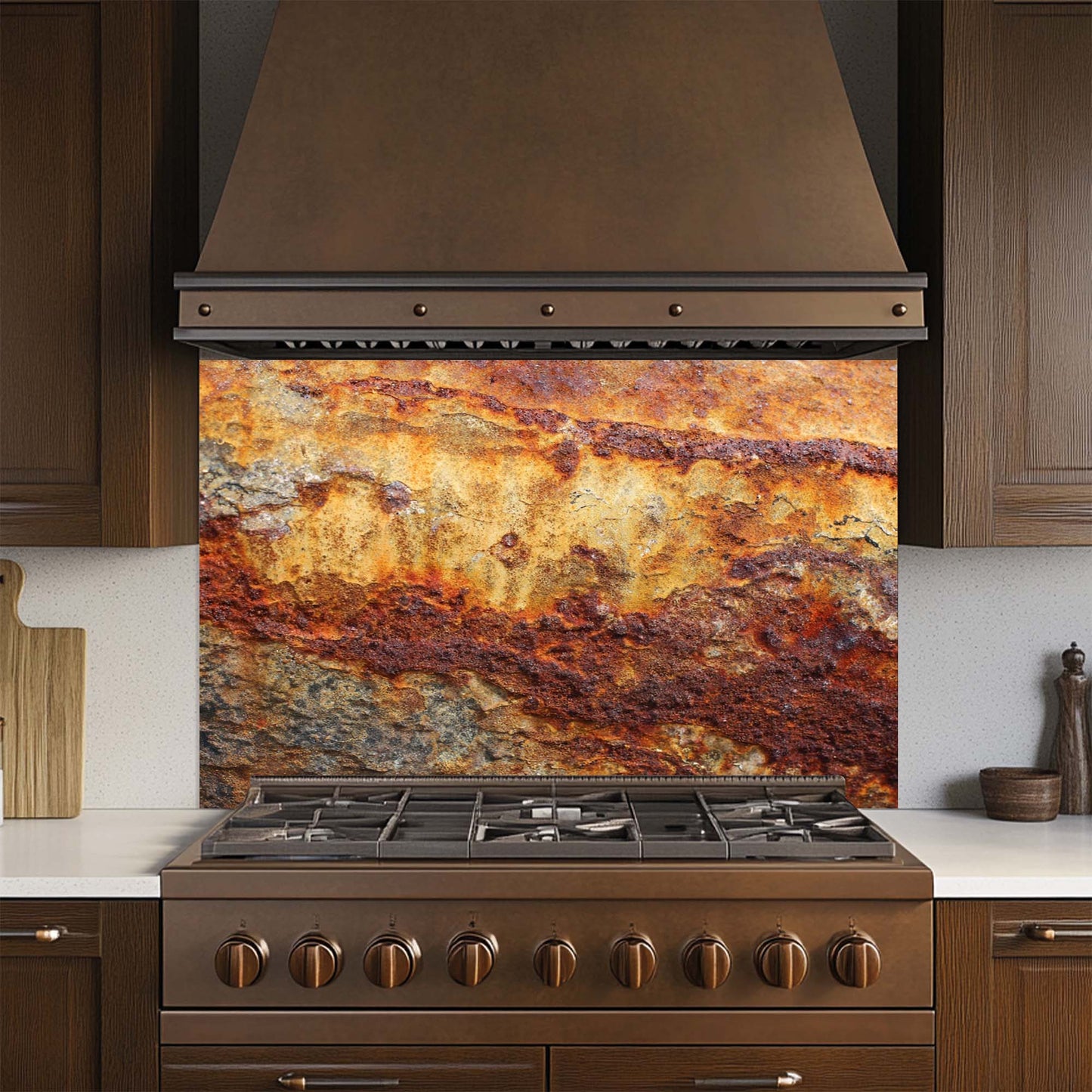 Rust Flow – Tempered Glass Backsplash | Industrial Abstract Copper Look Kitchen Backsplash