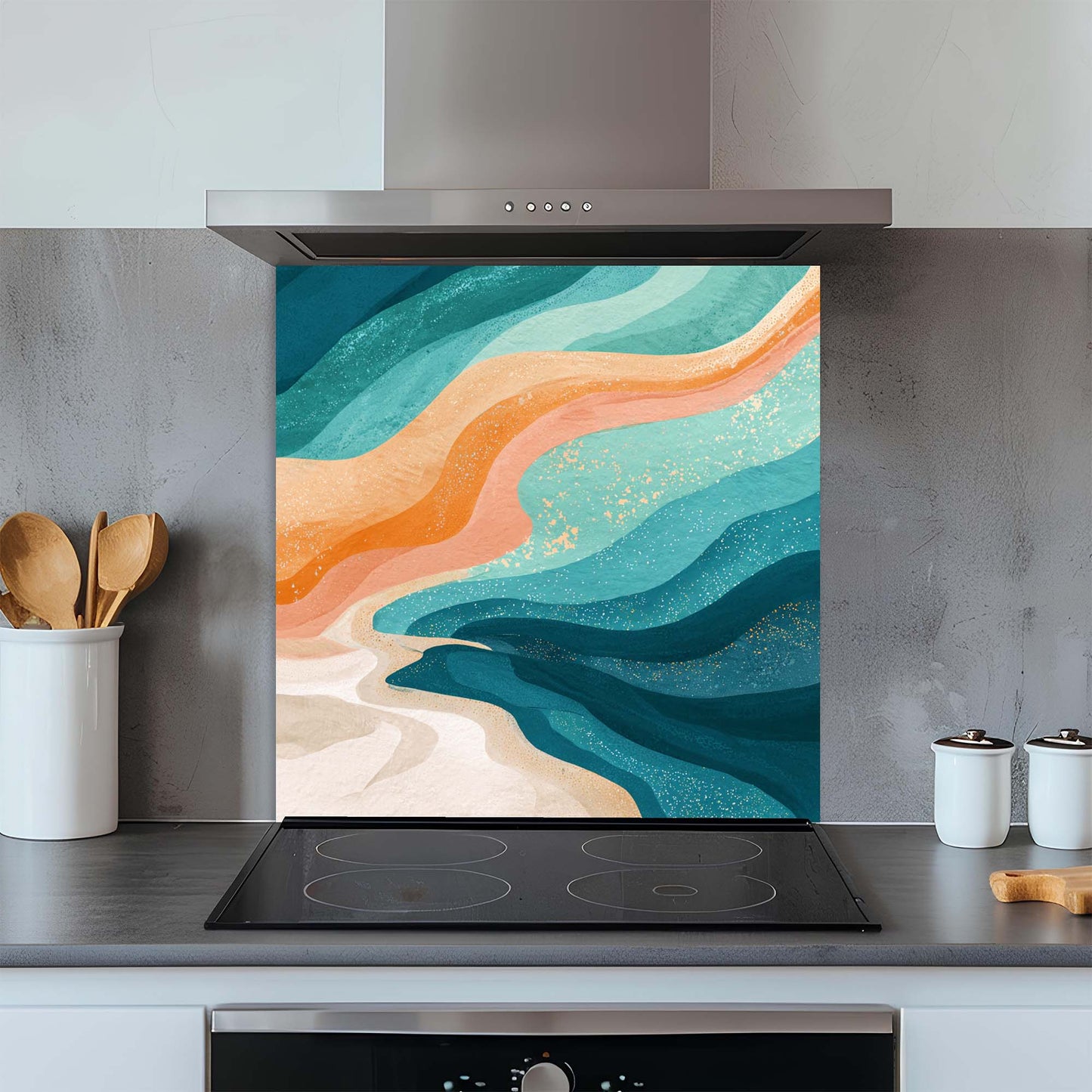 Sunset Tide – Tempered Glass Backsplash for Kitchen – Abstract Ocean Wave Splashback