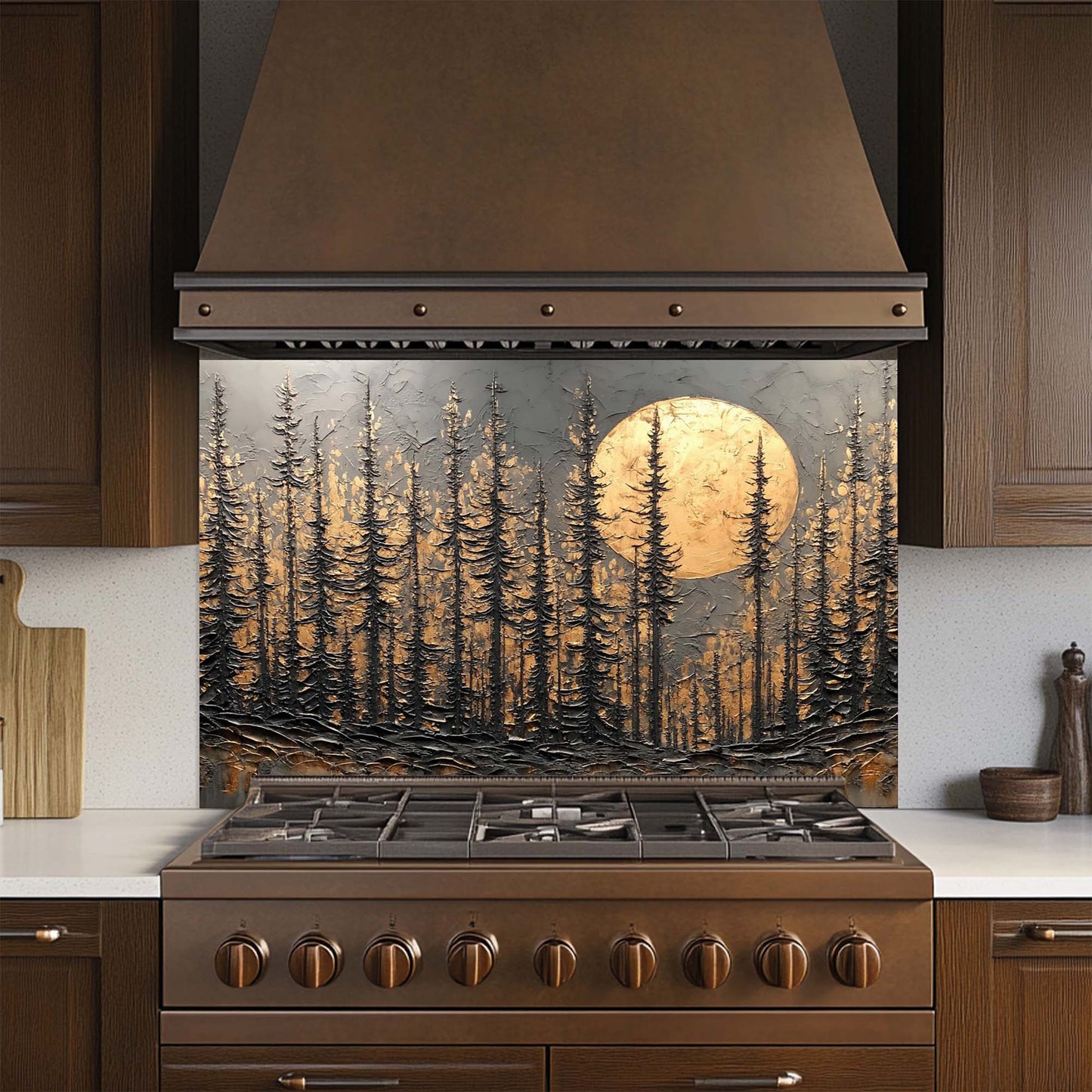 Golden Moonrise – Tempered Glass Backsplash for Stove | Dark Forest Silhouette Backsplash