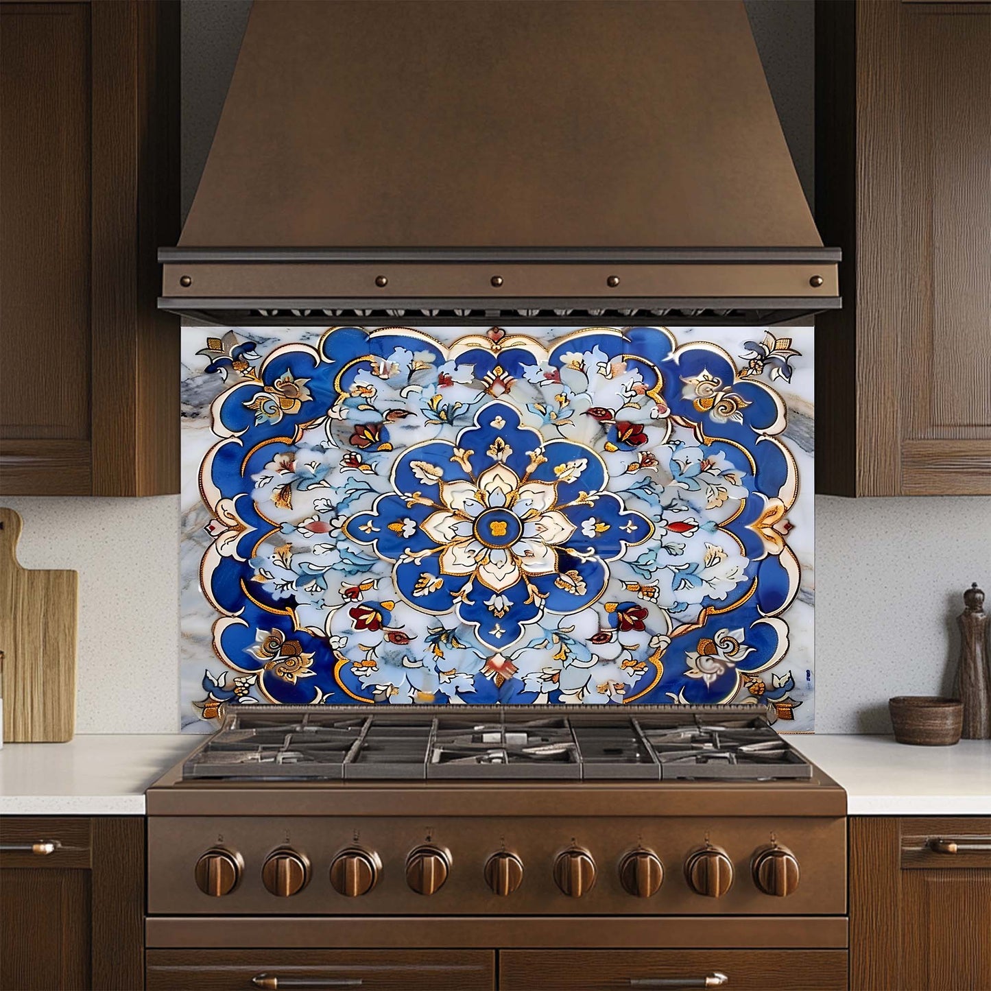 Royal Blue Mandala – Tempered Glass Backsplash for Kitchen – Floral Tile Splashback