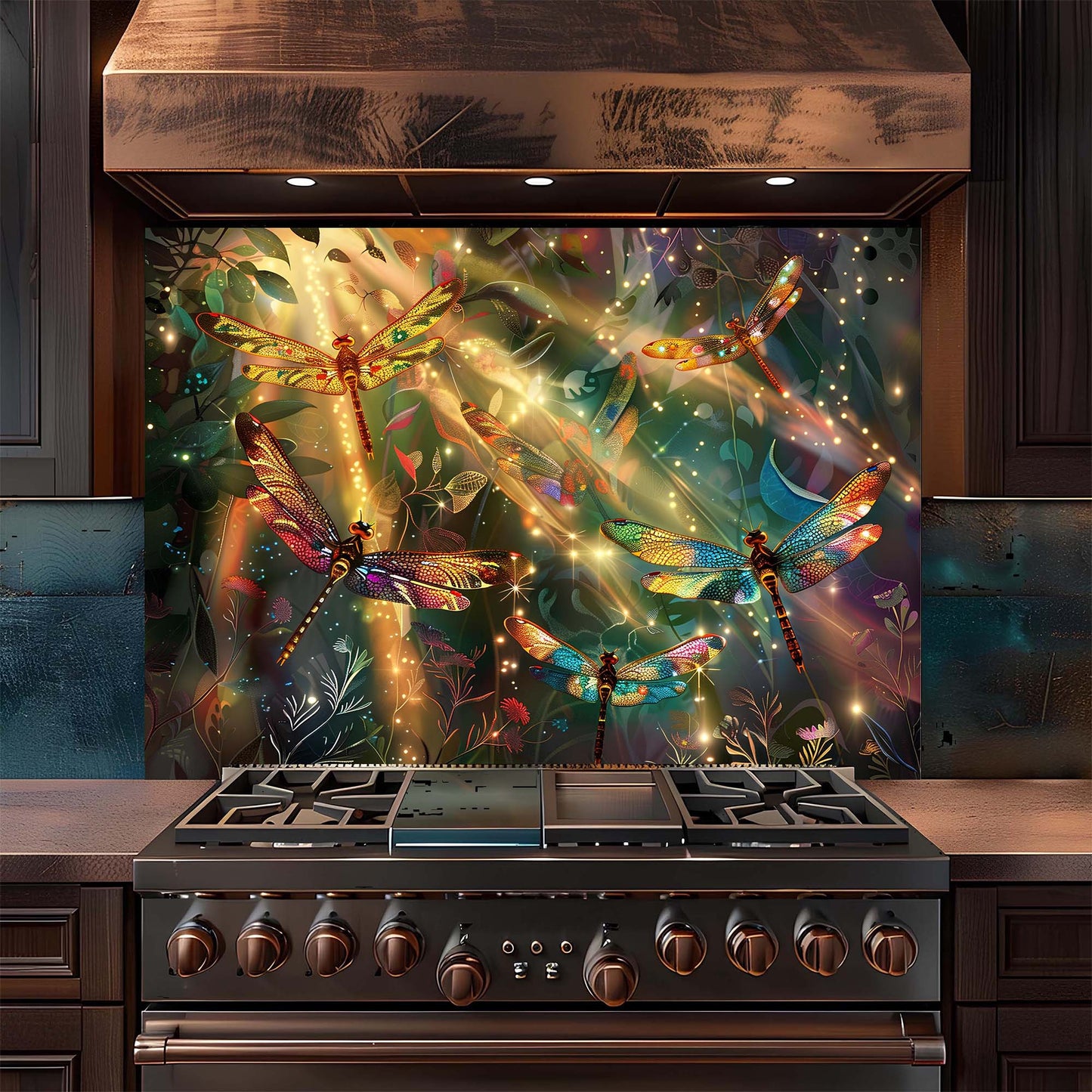 Custom Kitchen Backsplash – Enchanted Flight Tempered Glass Stove Backsplash
