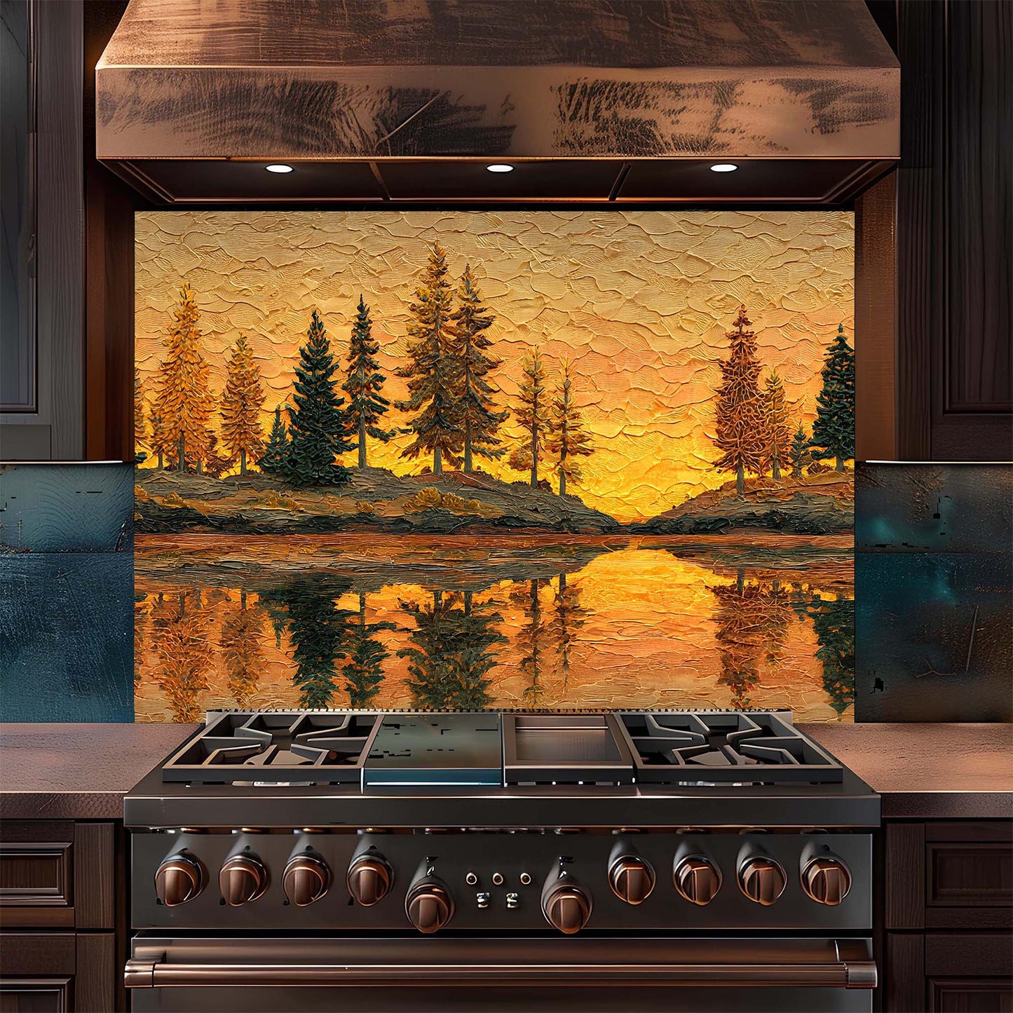 Custom Kitchen Backsplash – Golden Sunset Forest Tempered Glass Backsplash