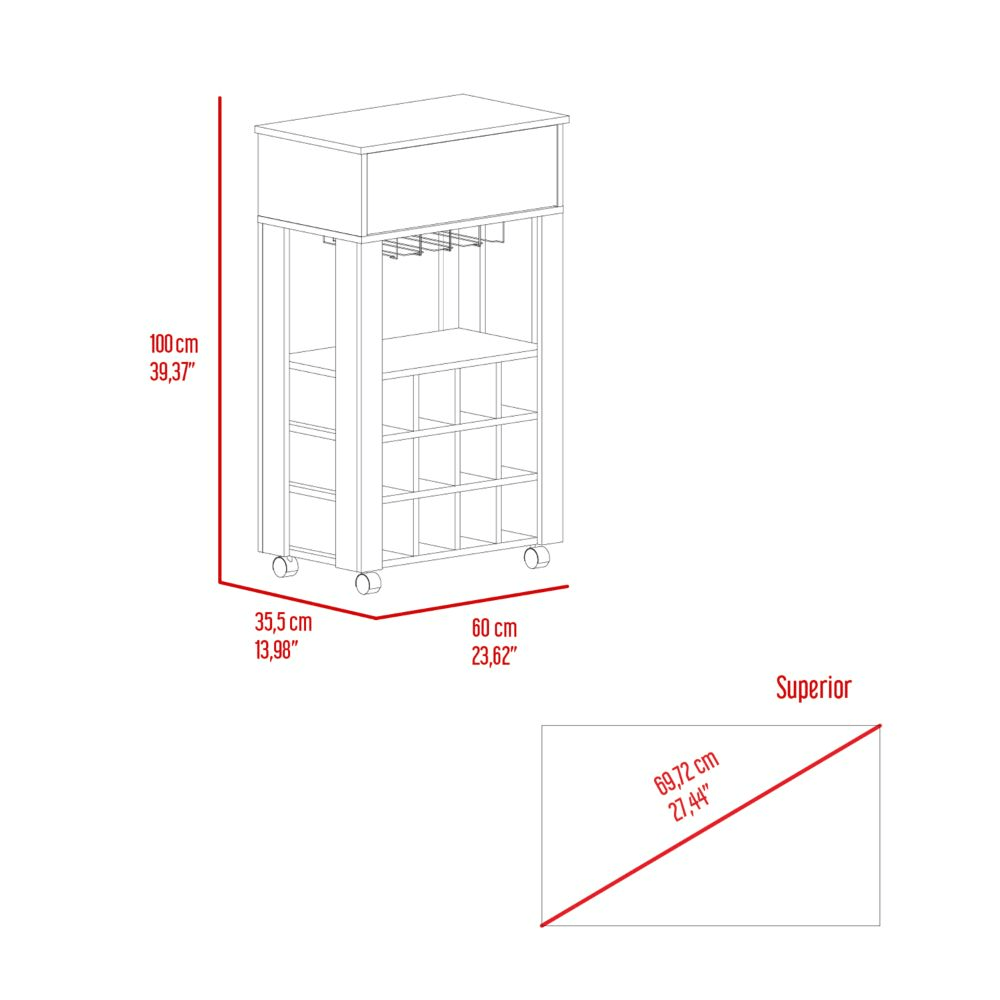 Bayamon Bar Cart – Contemporary Wine & Glass Storage with Drawer and Casters