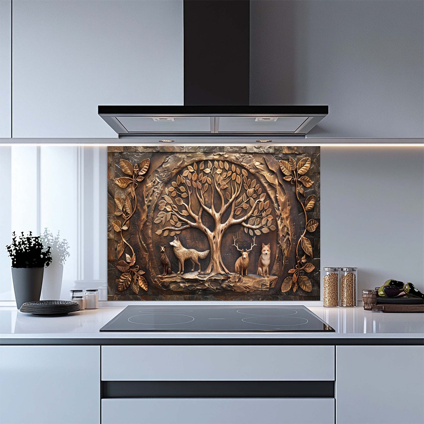 Bronze Den – Tempered Glass Backsplash for Kitchen | Copper Look Tree of Life Backsplash