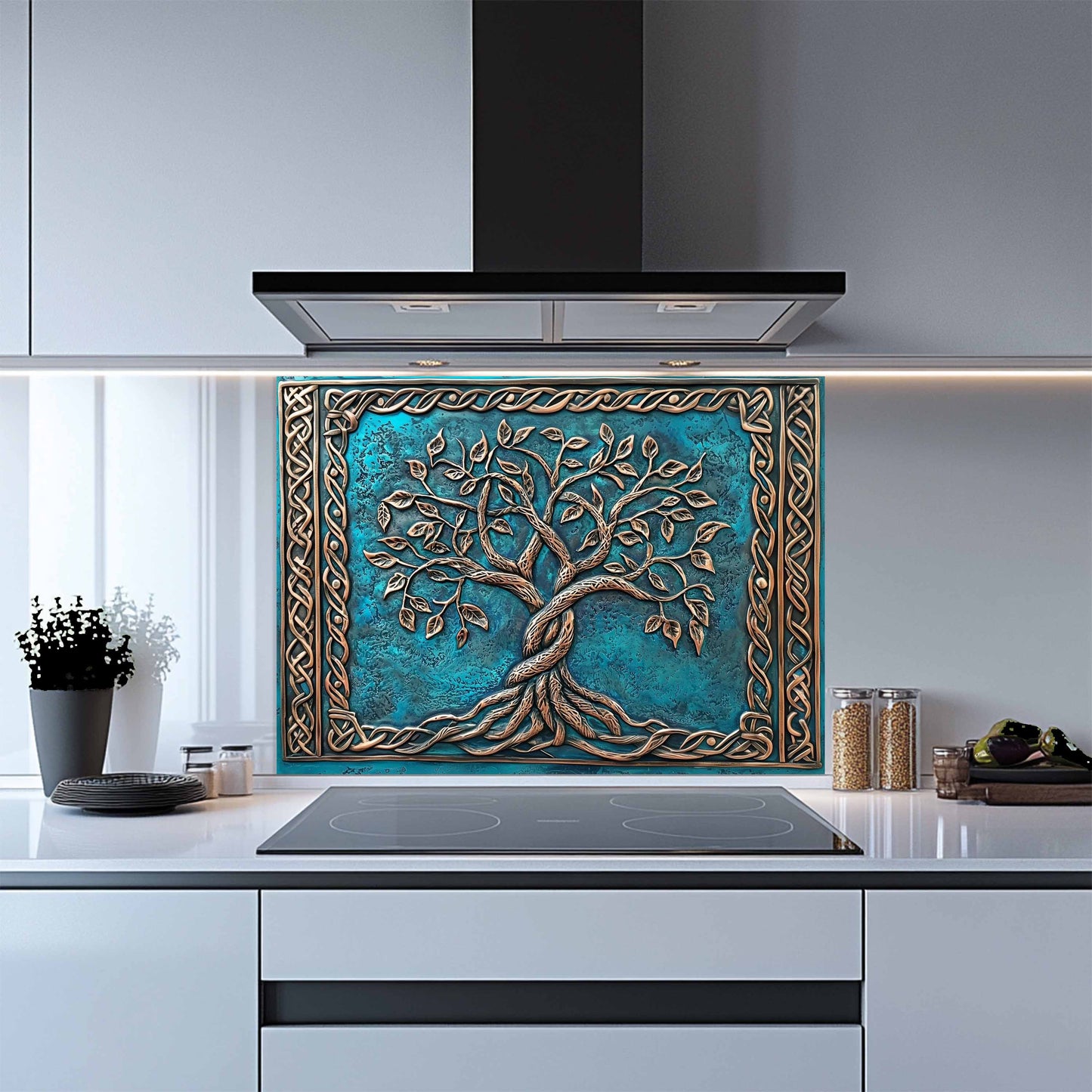 Custom Kitchen Backsplash – Aqua Heritage Tempered Glass Stove Backsplash