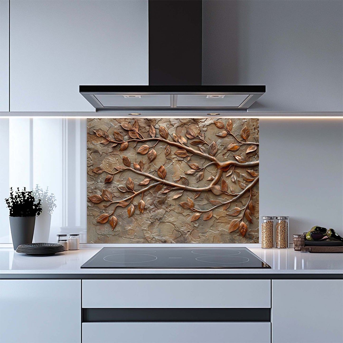 Copper Vine – Tempered Glass Backsplash for Kitchen – Copper Look Glass Backsplash