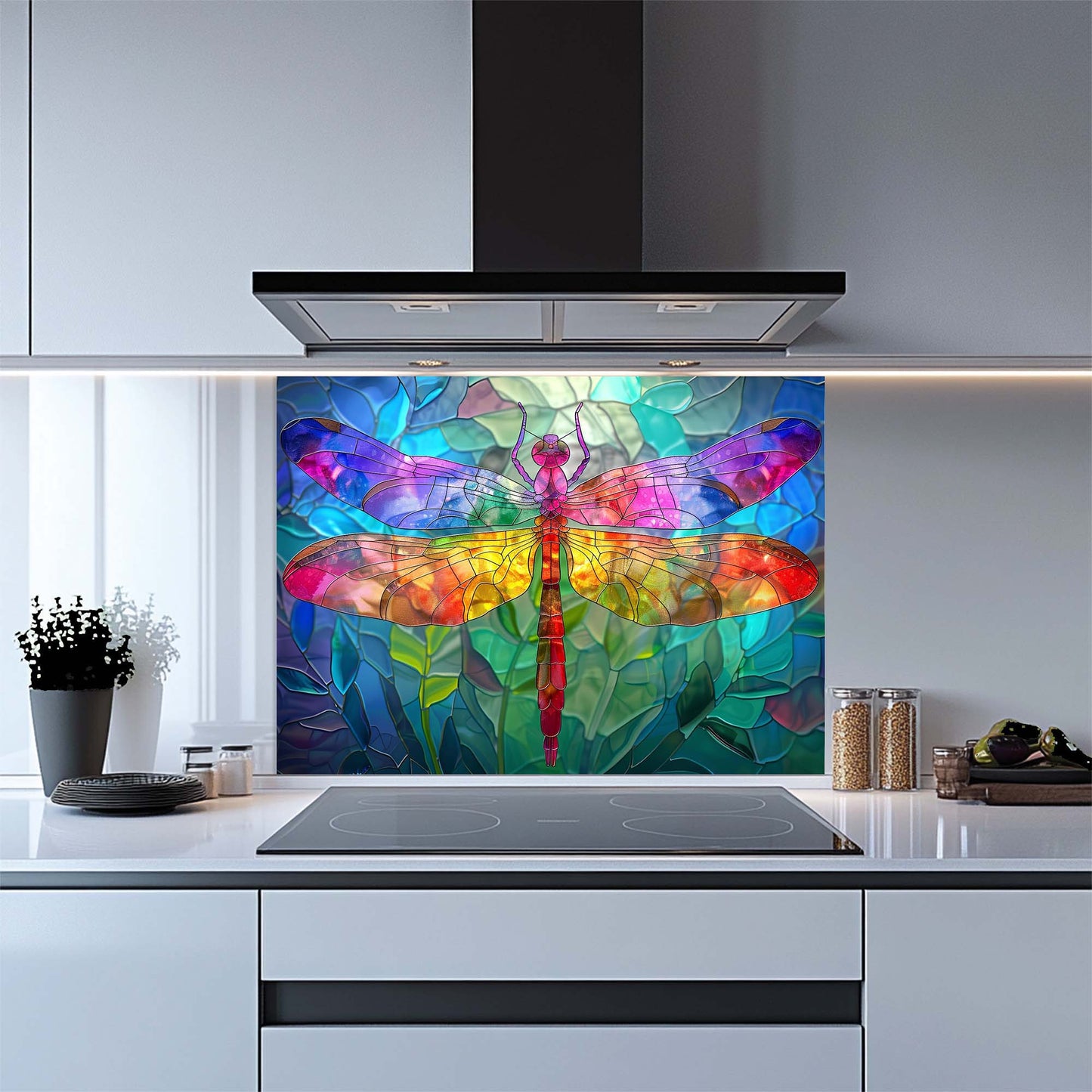 Rainbow Dragonfly – Tempered Glass Backsplash for Kitchen – Stained Glass Look Splashback