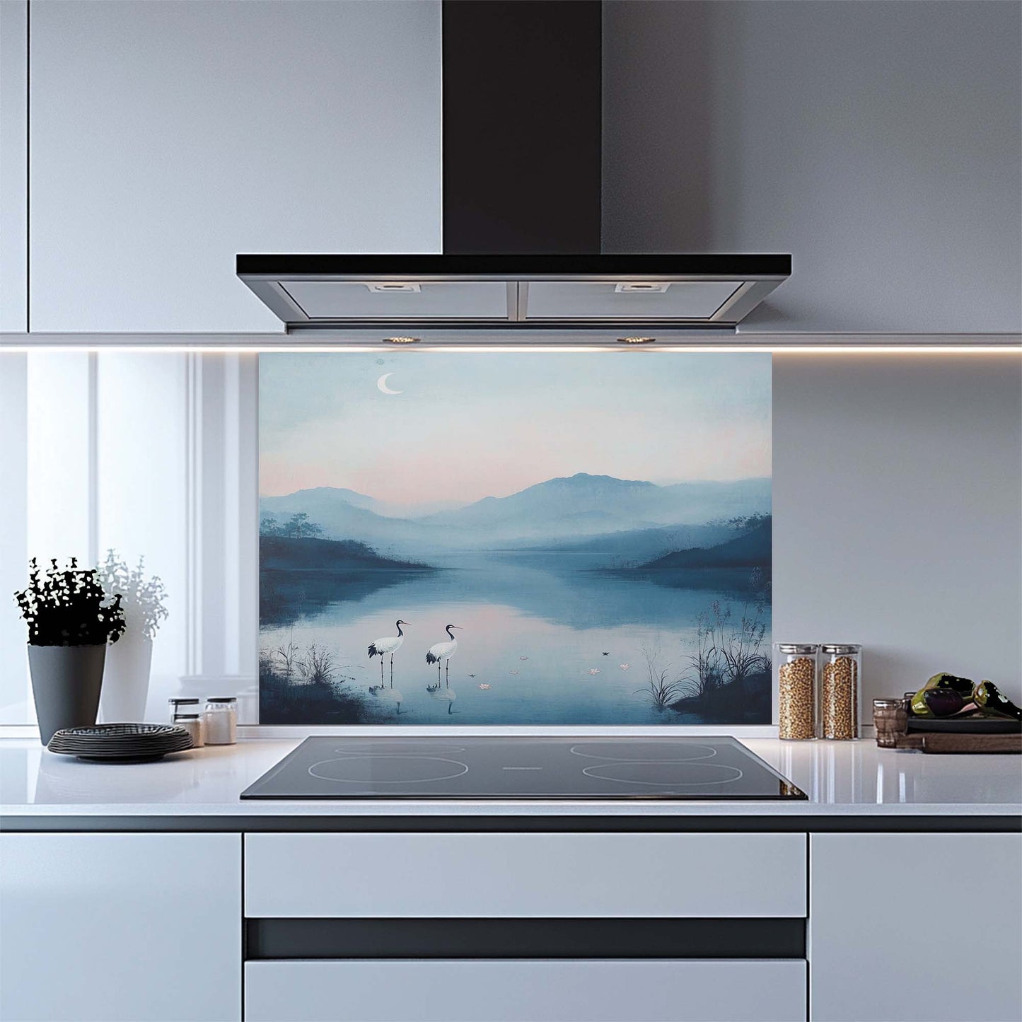 Moon Cranes – Tempered Glass Backsplash for Kitchen | Serene Lake Landscape Backsplash