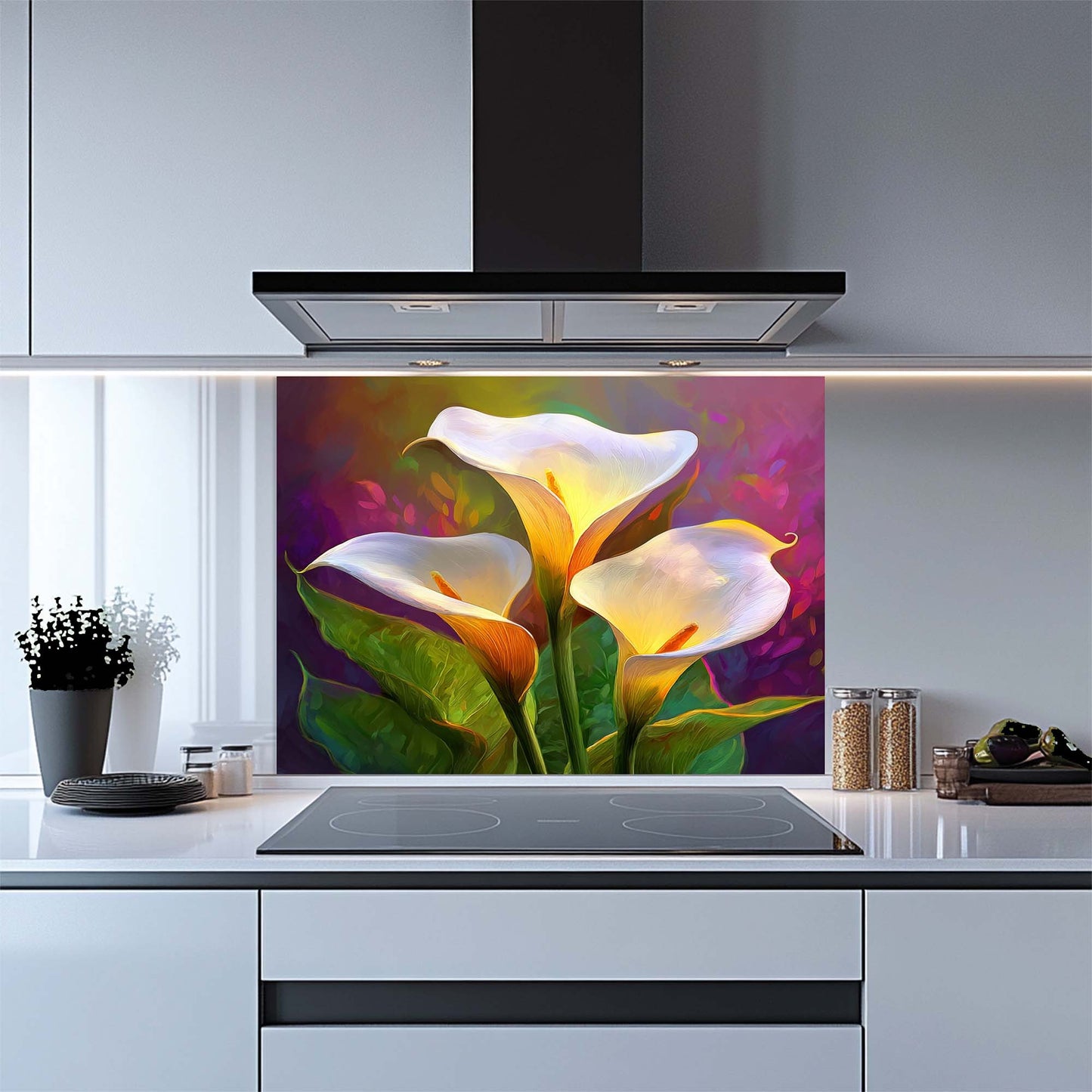 Luminous Calla Bloom – Tempered Glass Backsplash for Kitchen | Glowing Floral Backsplash