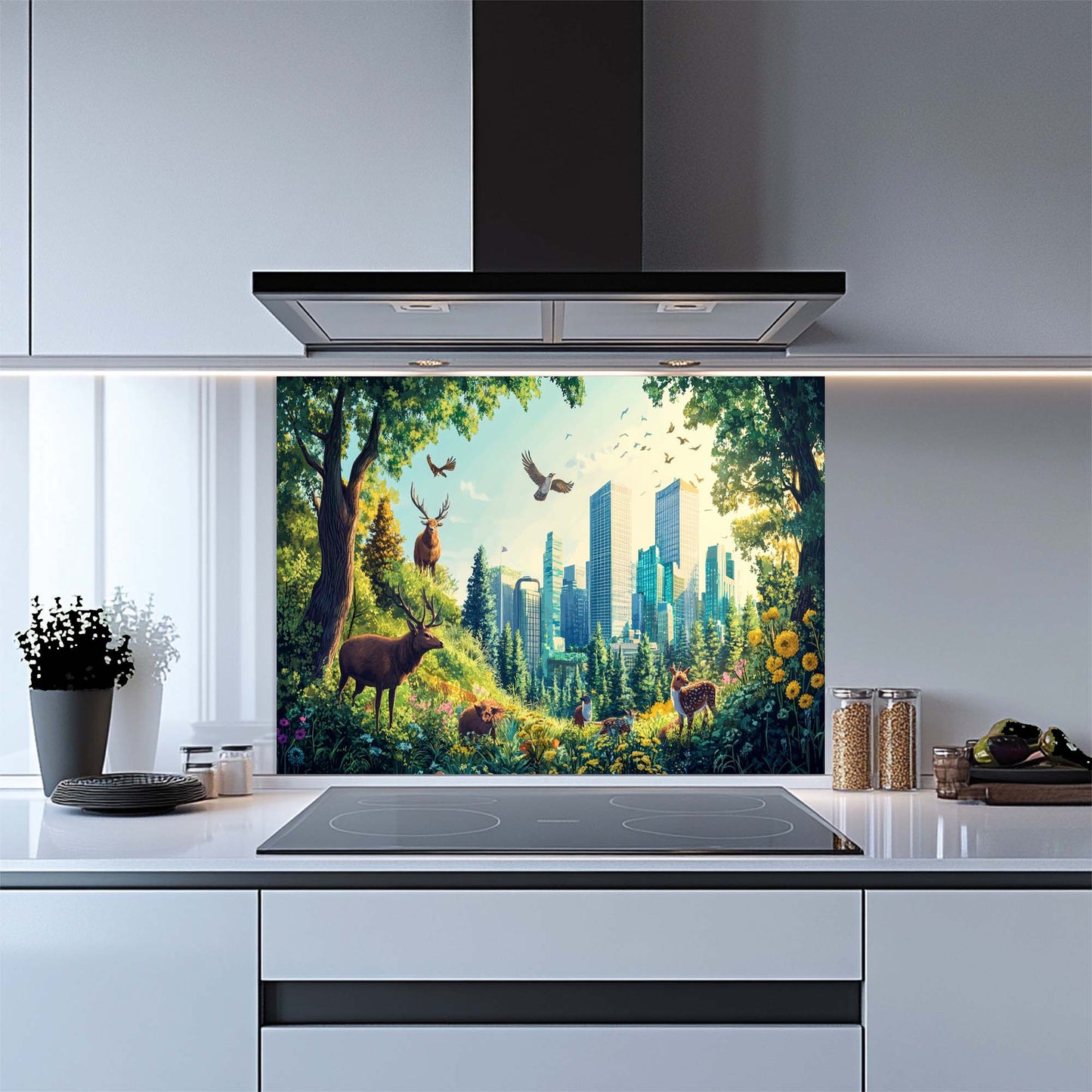 Emerald Haven – Tempered Glass Backsplash for Kitchen | Vibrant Forest City Backsplash