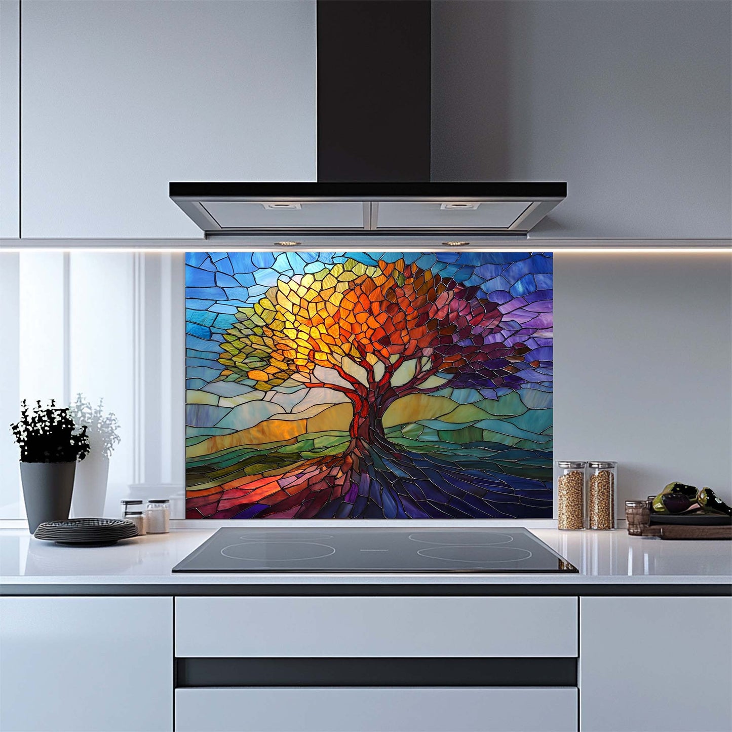 Stained Glass Look Tree of Seasons Backsplash – Tempered Glass Backsplash for Kitchen