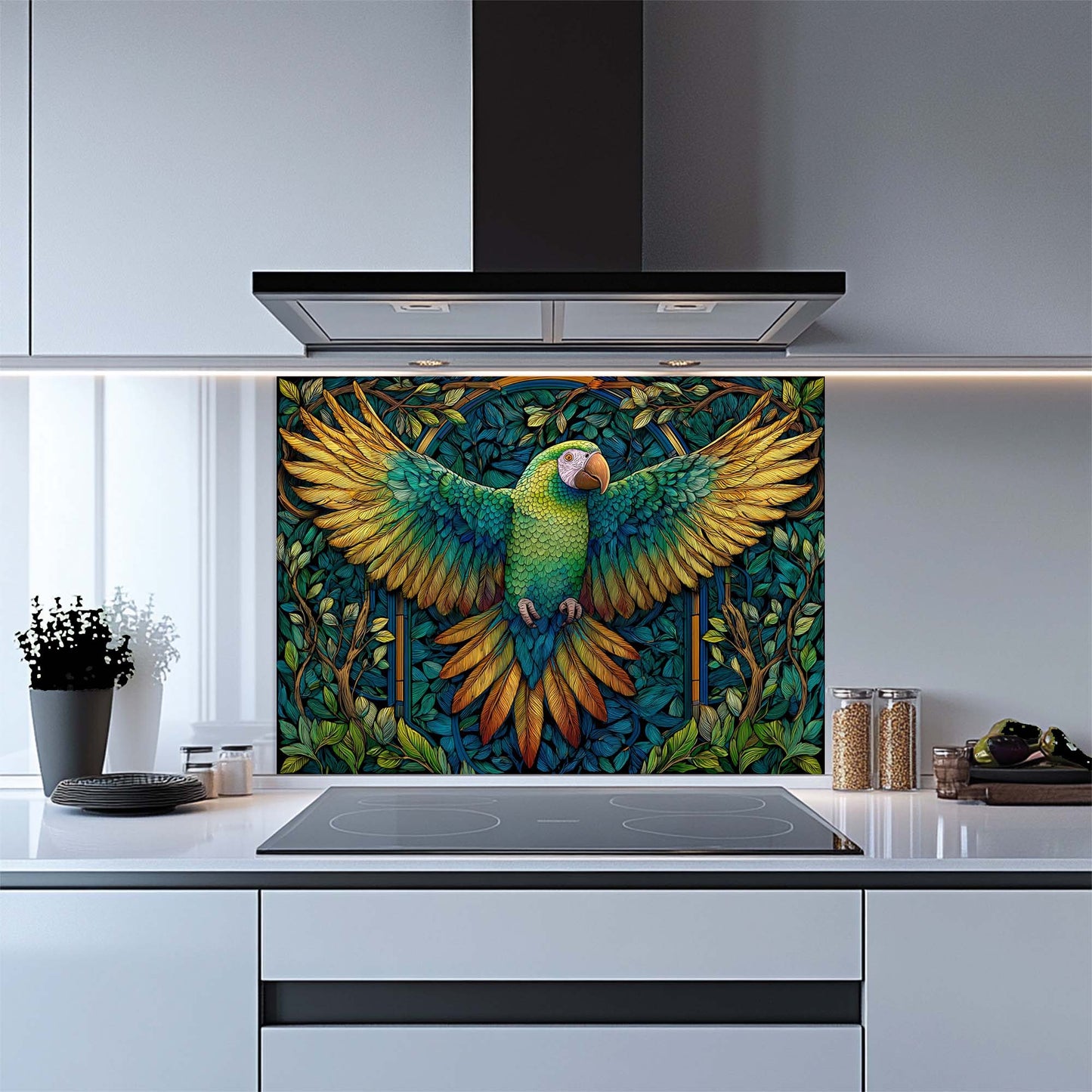 Verdant Flight – Tempered Glass Backsplash for Kitchen Stove | Parrot Mosaic Backsplash