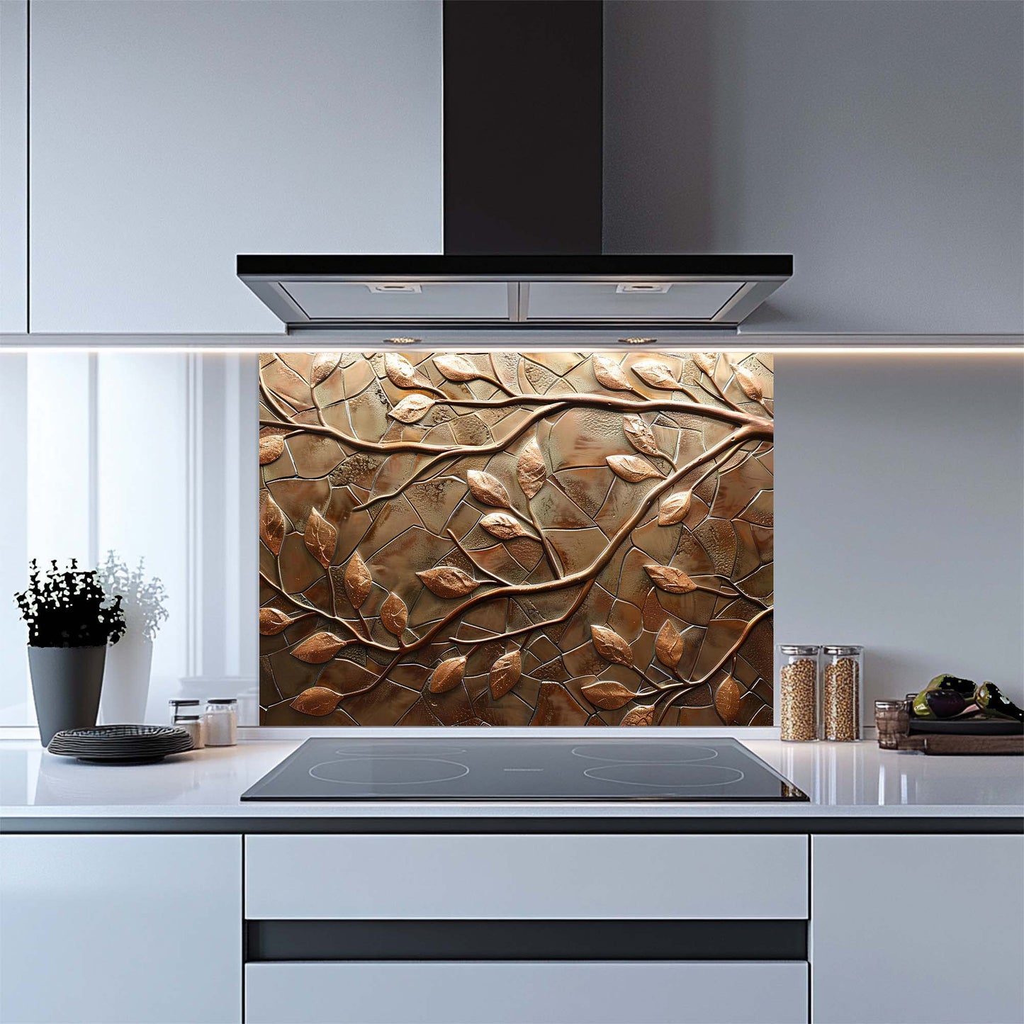 Bronze Branches – Tempered Glass Backsplash for Kitchen – Copper Look Glass Backsplash