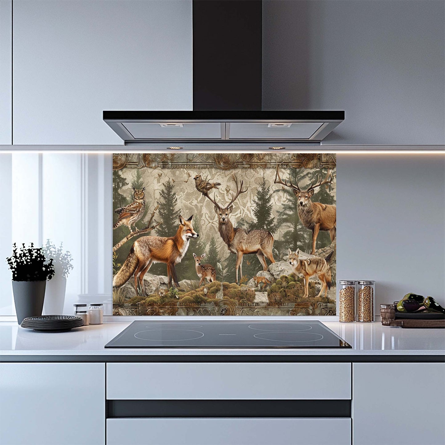Forest Council – Tempered Glass Backsplash for Kitchen | Deer, Fox, Owl Scene Backsplash