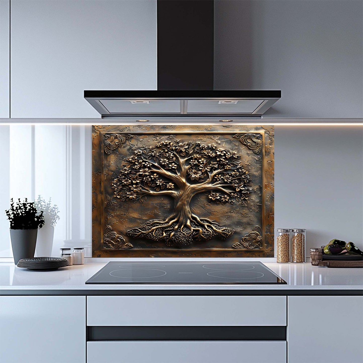 Floral Roots – Tempered Glass Backsplash for Kitchen Stove | Copper Look Tree of Life Backsplash