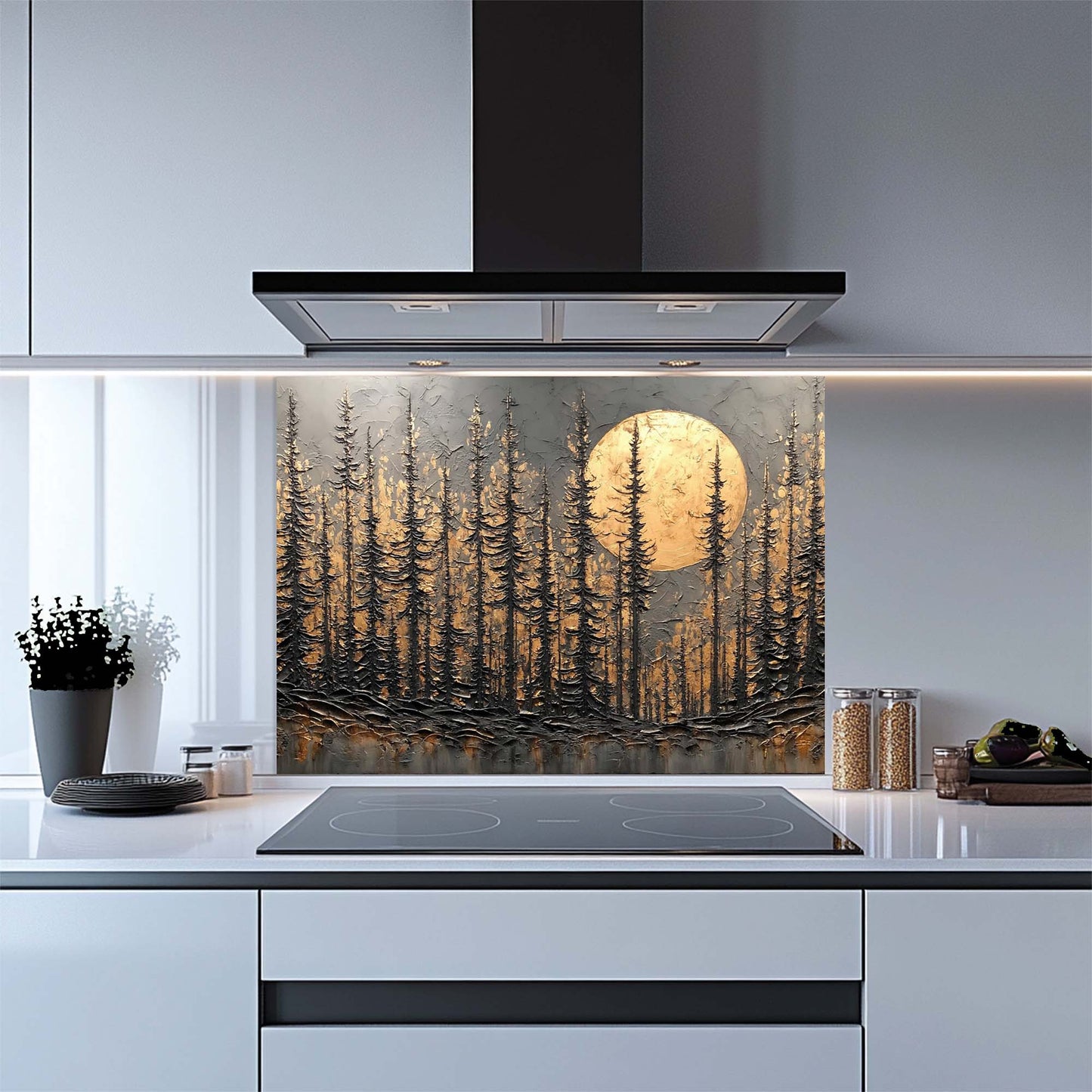Golden Moonrise – Tempered Glass Backsplash for Stove | Dark Forest Silhouette Backsplash