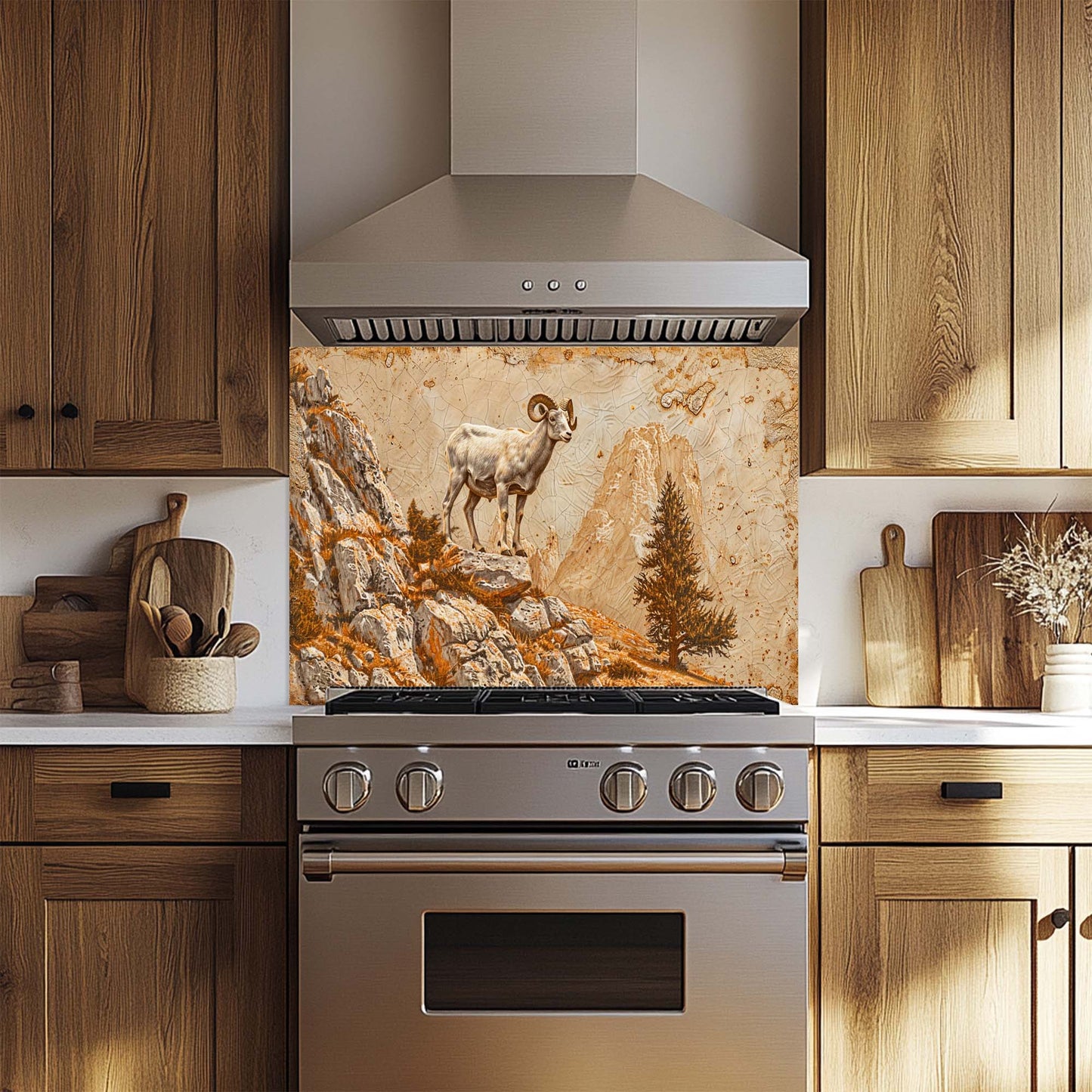 Mountain Pride – Tempered Glass Backsplash for Kitchen | Wild Ram on Rocky Cliff Backsplash