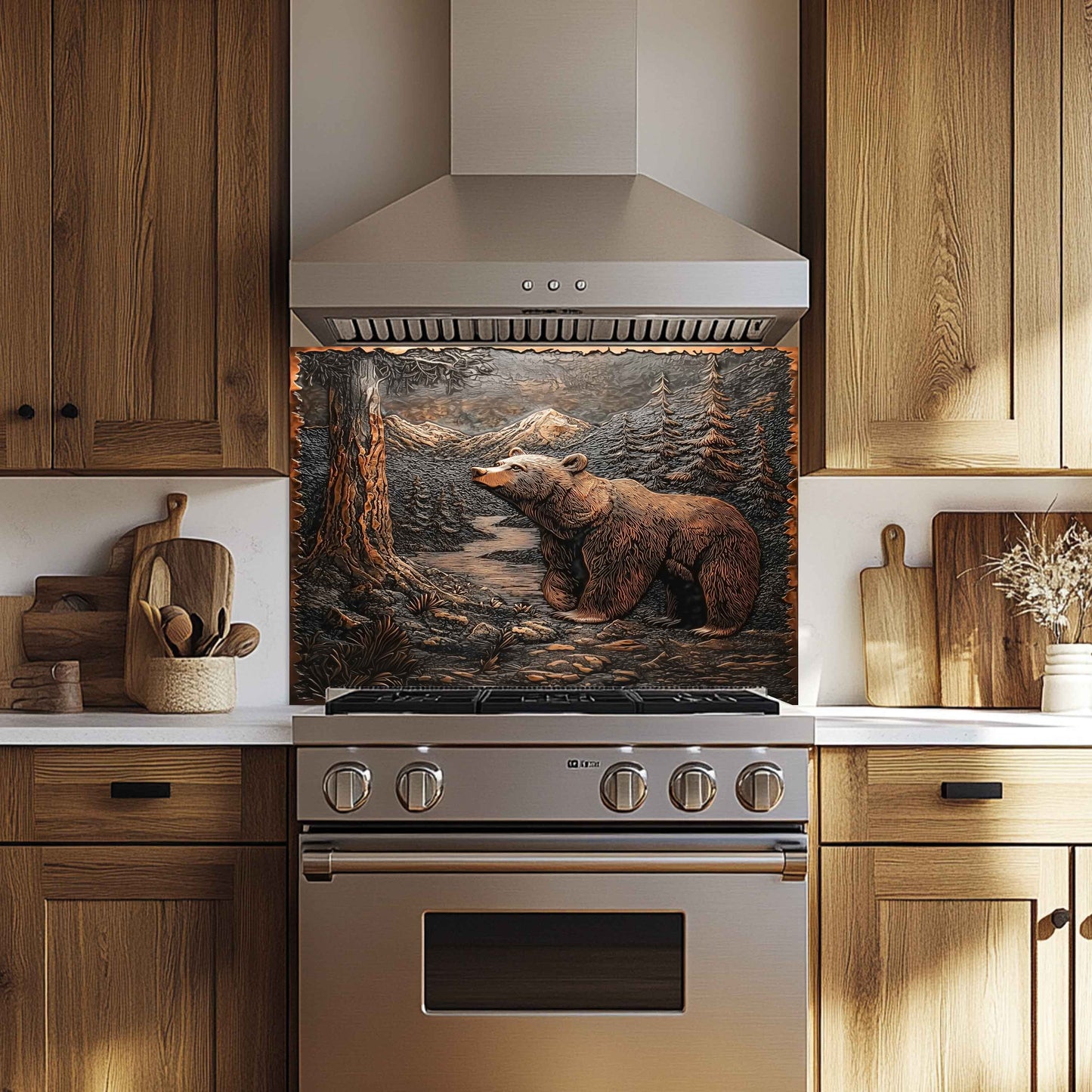 Forest Watch Tempered Glass Backsplash – Copper Bear & River Scene Splashback