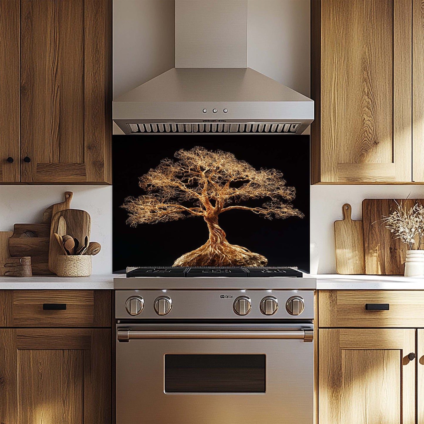 Golden Root – Tempered Glass Backsplash for Kitchen | Tree of Life in Gold Wire Style Backsplash