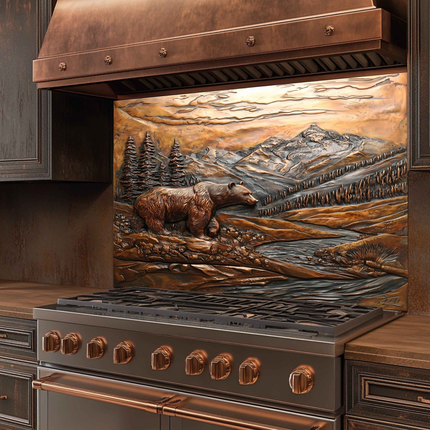 Bronze Grizzly Tempered Glass Backsplash – Mountain Bear Kitchen Backsplash Panel