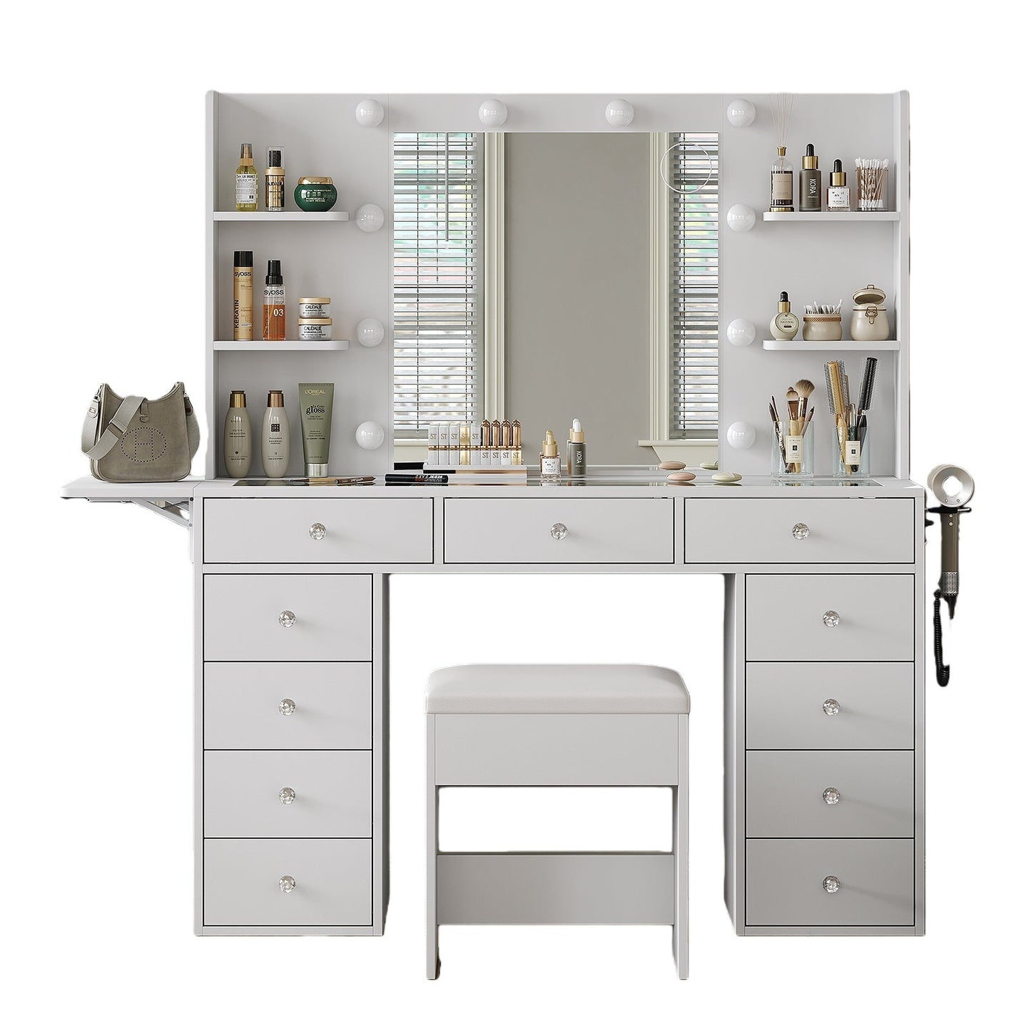 Vektaya US-VD010 Bedroom Makeup Vanity desk with LED MirrorLED Mirror, 11 Drawers