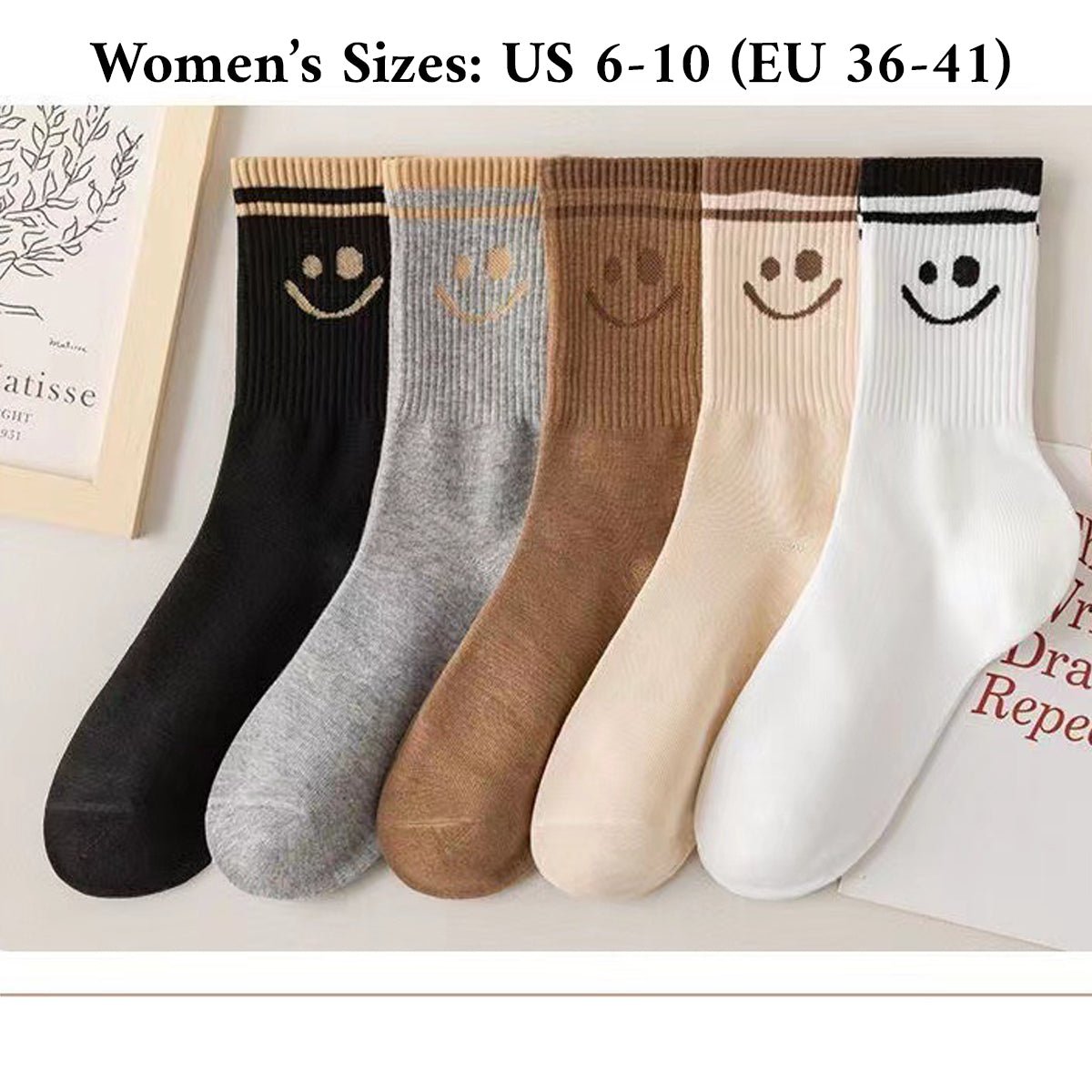 Women's Smiley Face Socks – 5 Pairs Breathable Comfy Crew Set